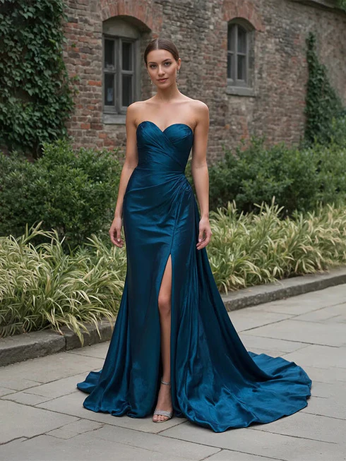 Peacock Sweetheart Mermaid Satin Prom Dress with Slit