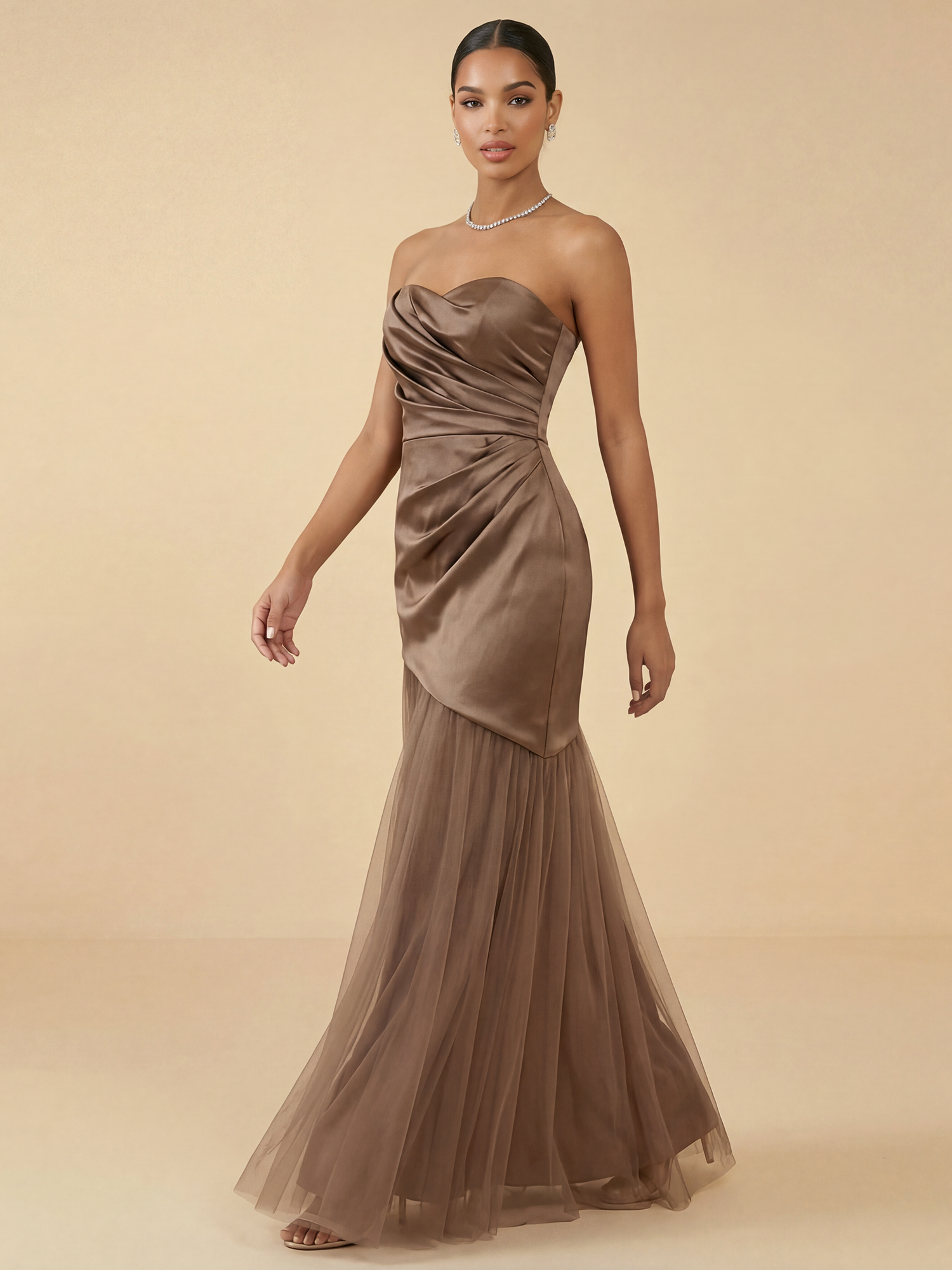 Taupe Satin Strapless Mermaid Gown with Tulle Skirt