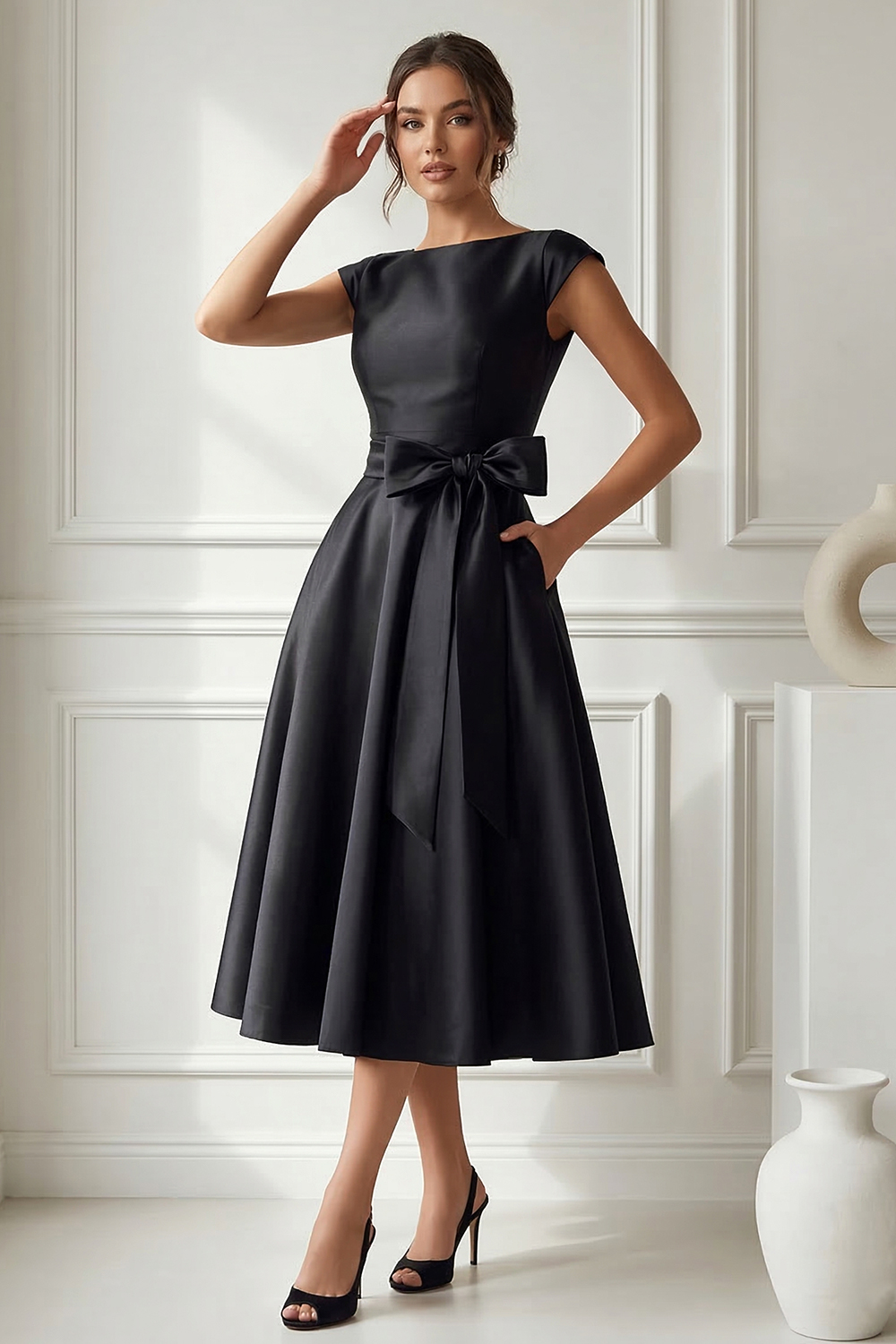 Black Satin Fit-and-Flare Midi Dress with Waist Bow and Side Pockets