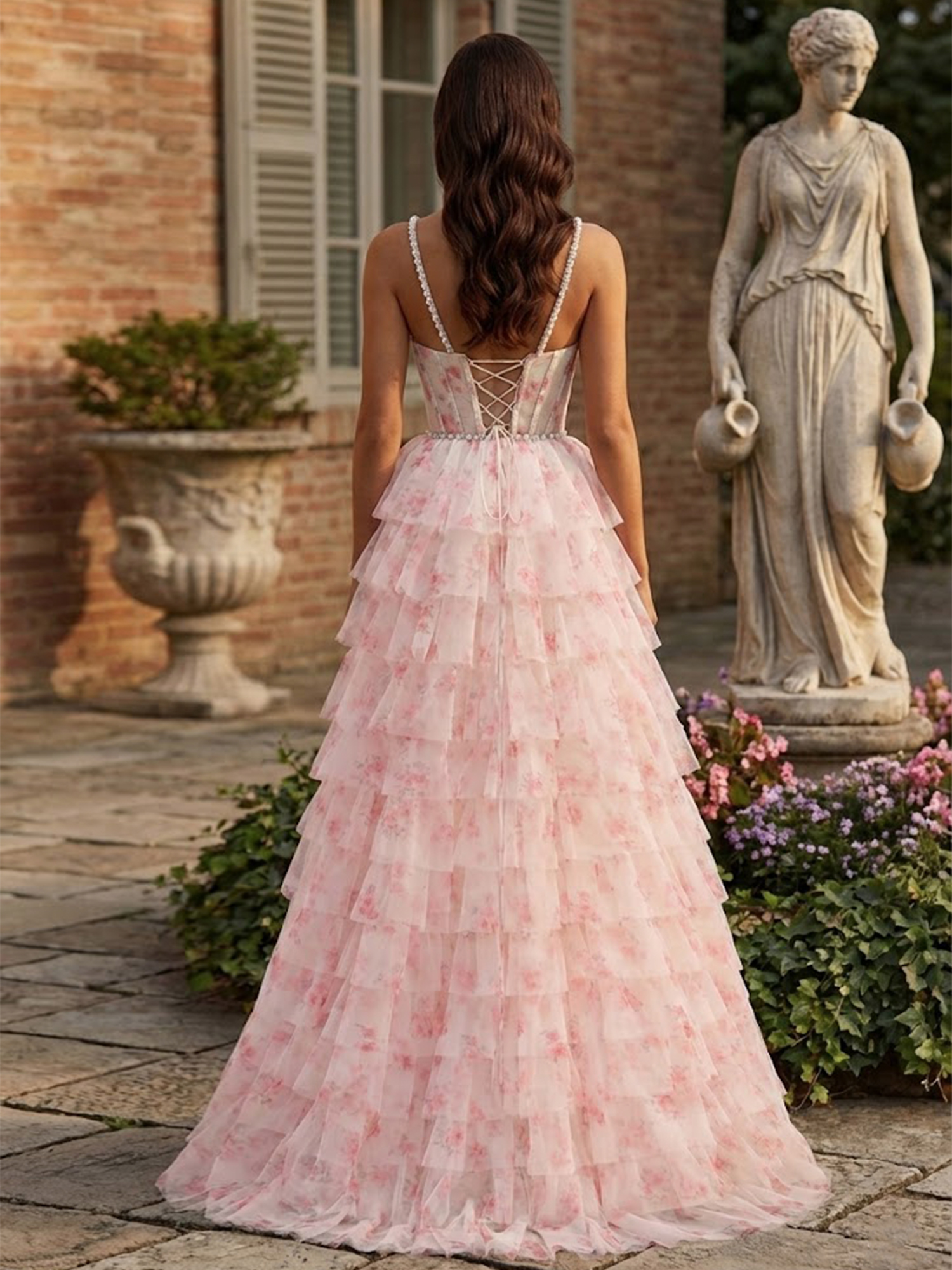 Tiered Floral Prom Dresses for Teens V Neck Bead A Line Sweet 16 Dress