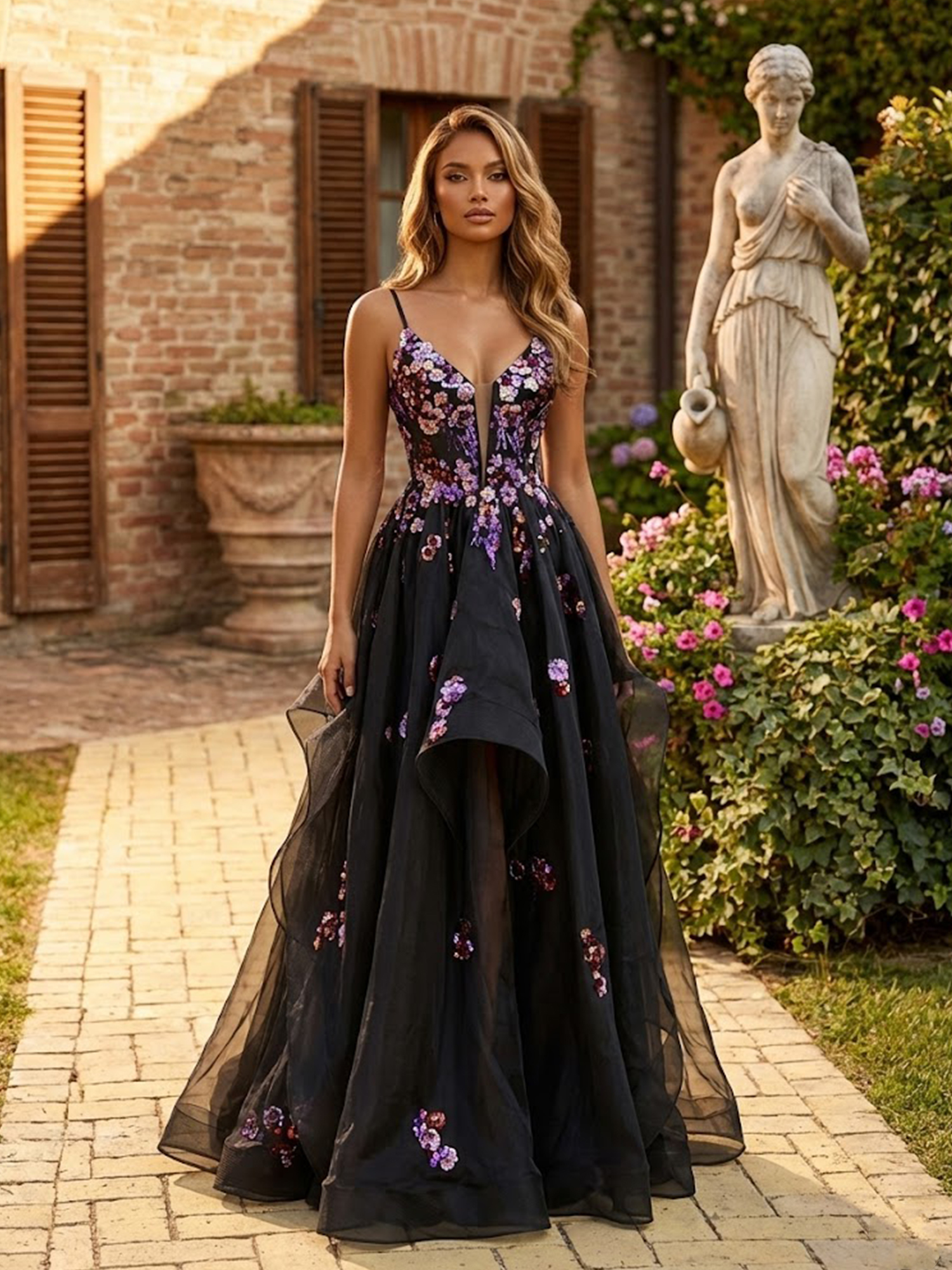 3D Flower Prom Dresses for Teens Spaghetti Straps V Neck Wedding Guest Dress