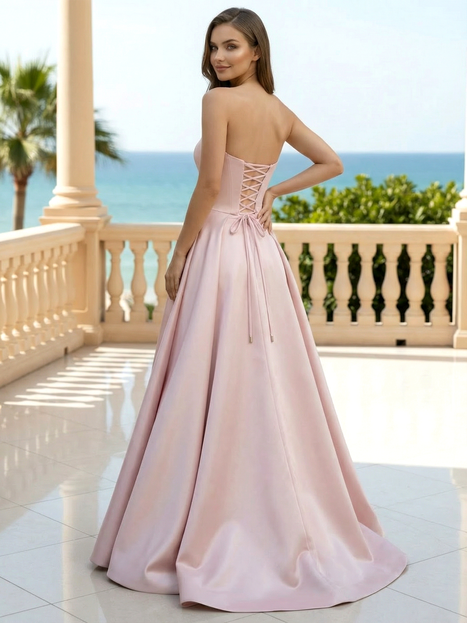 Pink Strapless A Line Satin Ruffle Prom Dress with Beads