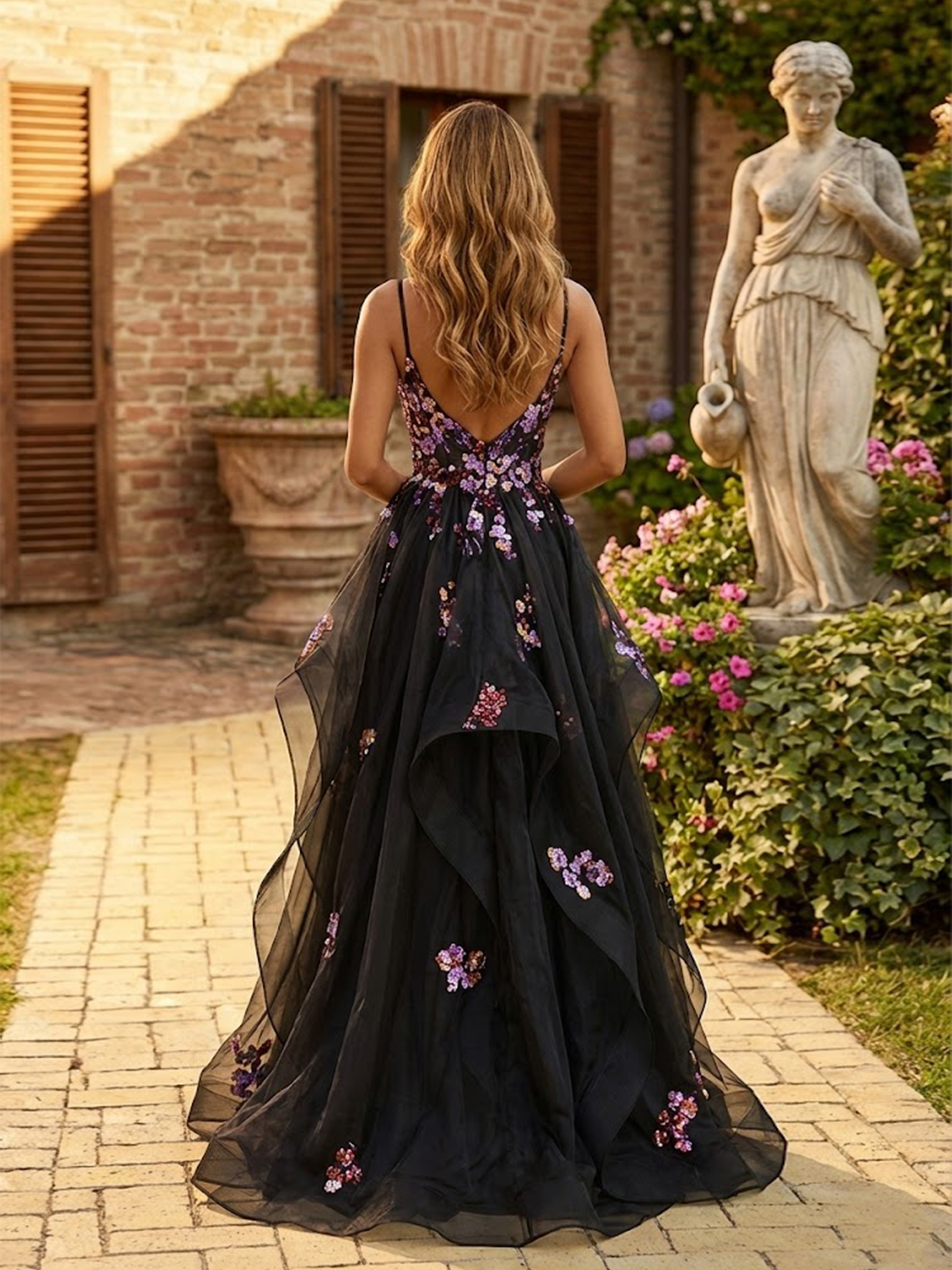 3D Flower Prom Dresses for Teens Spaghetti Straps V Neck Wedding Guest Dress