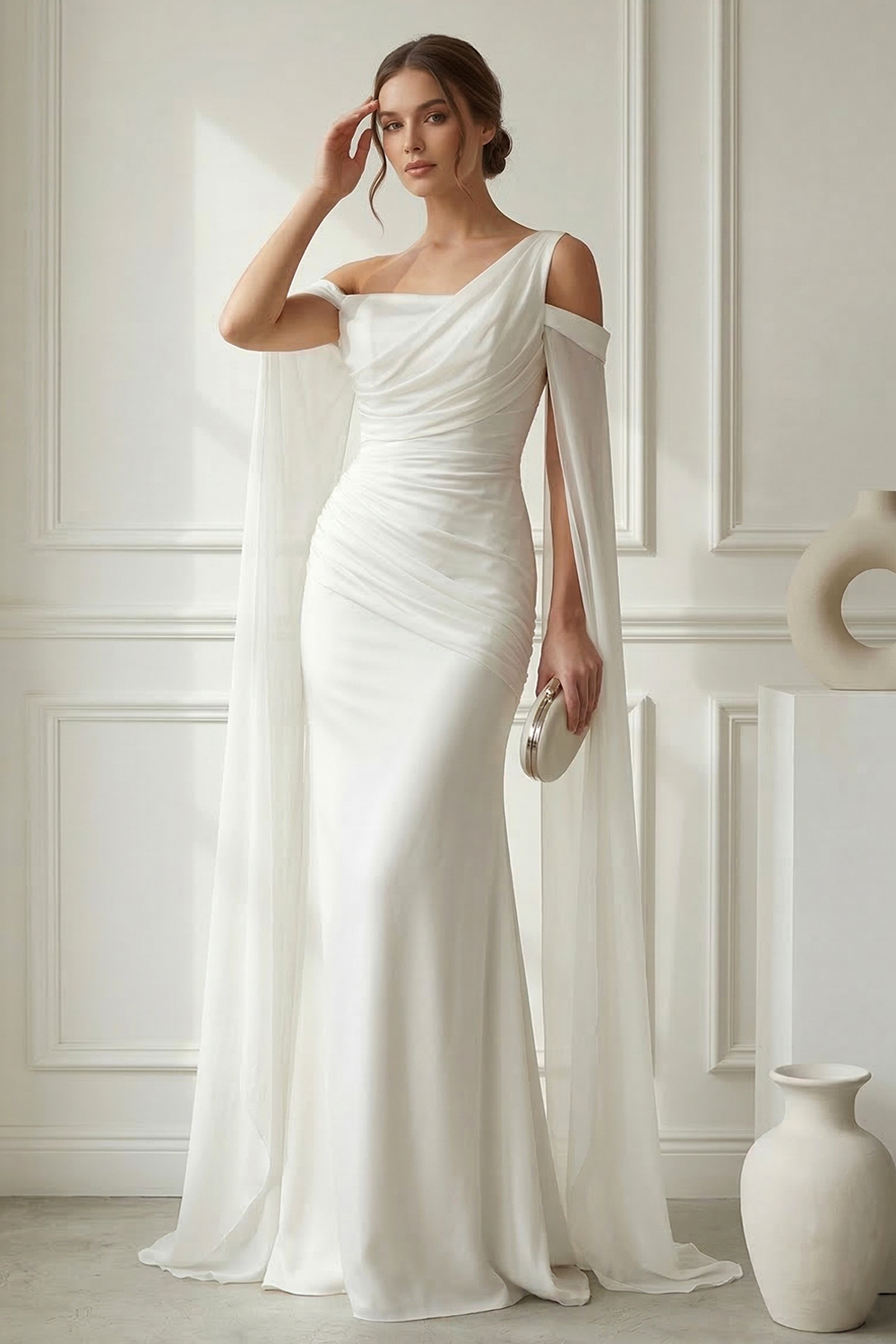 White Mermaid Evening Gown with One-Shoulder Cape Sleeves and Ruched Bodice