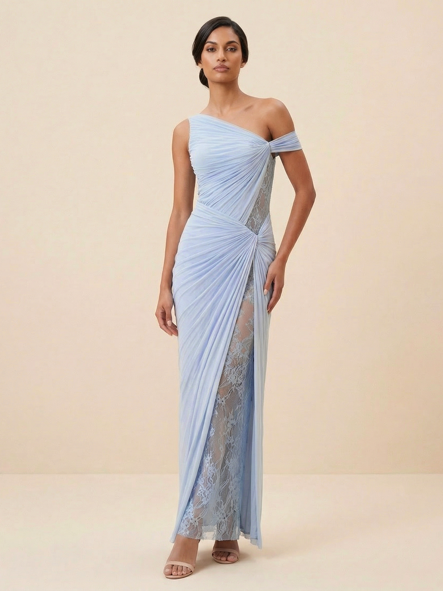 Dusty Blue One-Shoulder Ruched Mesh Gown with Lace Slit