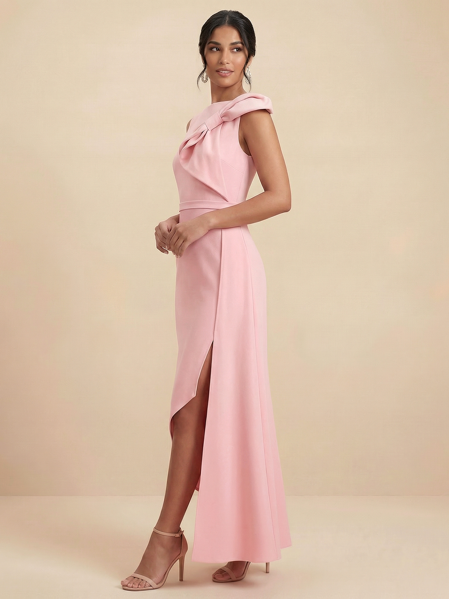 Blush Pink Bow Detail Asymmetrical Hem Midi Dress