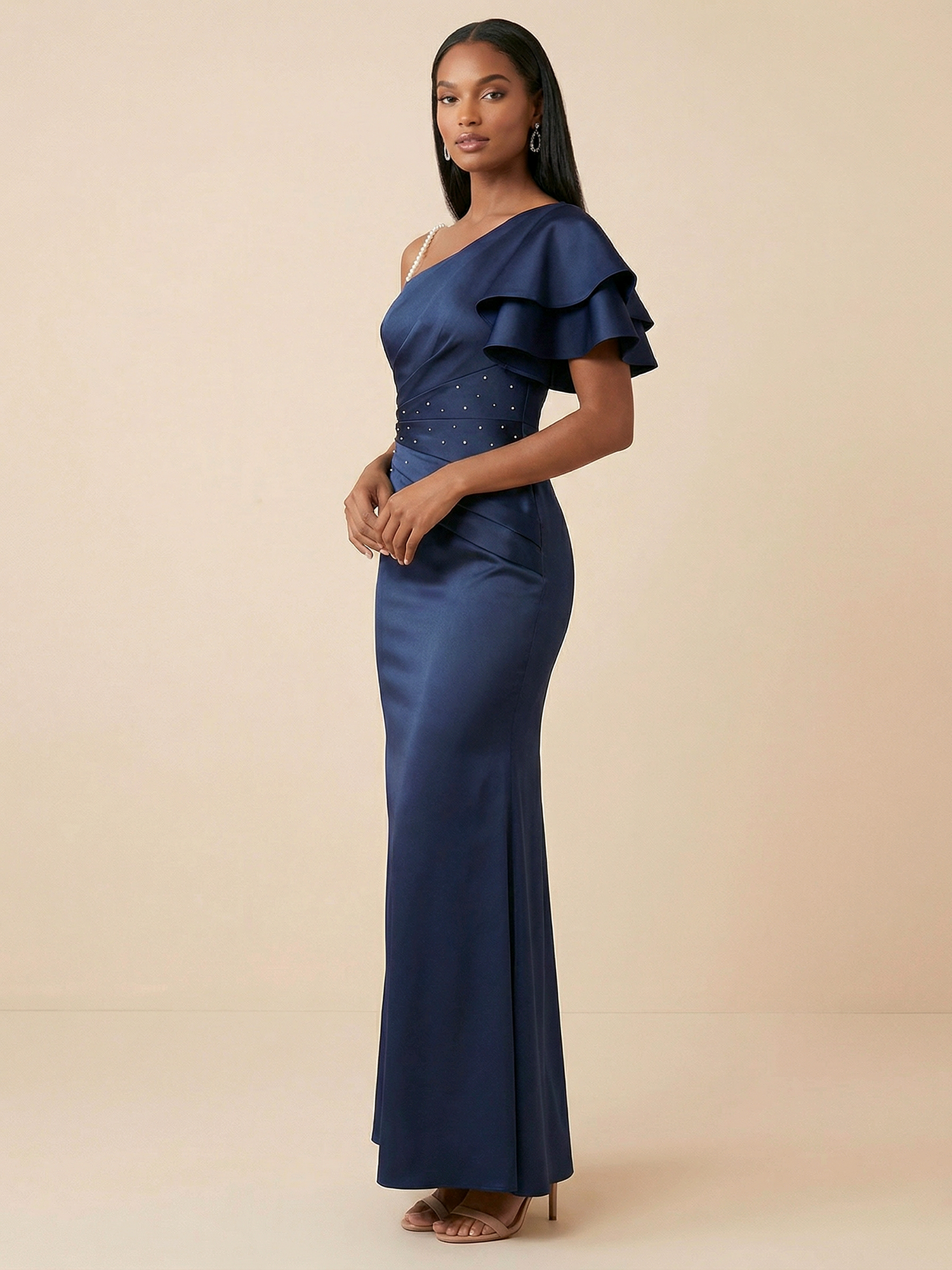 Navy One-Shoulder Satin Mermaid Gown with Pearl Strap & Beaded Waist