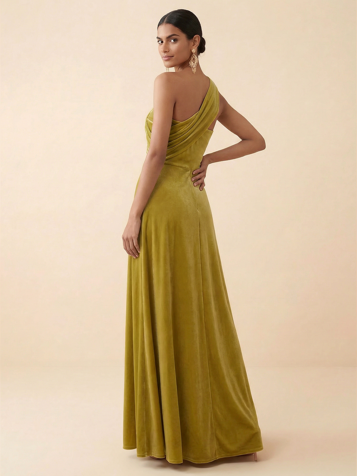 Chartreuse Velvet One-Shoulder A-Line Maxi Gown