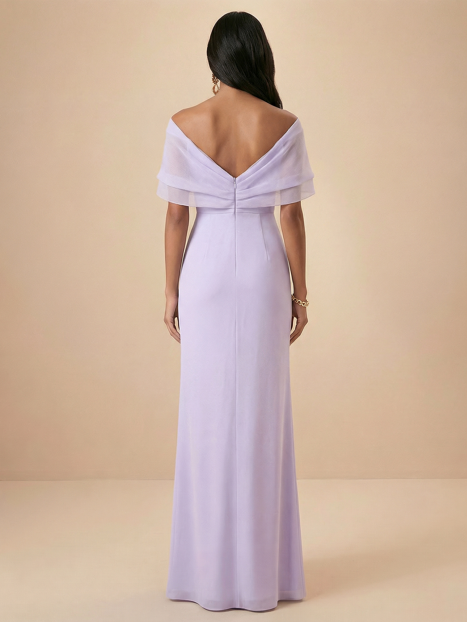 Lavender Off-the-Shoulder Sheath Gown with Chiffon Overlay & High Slit