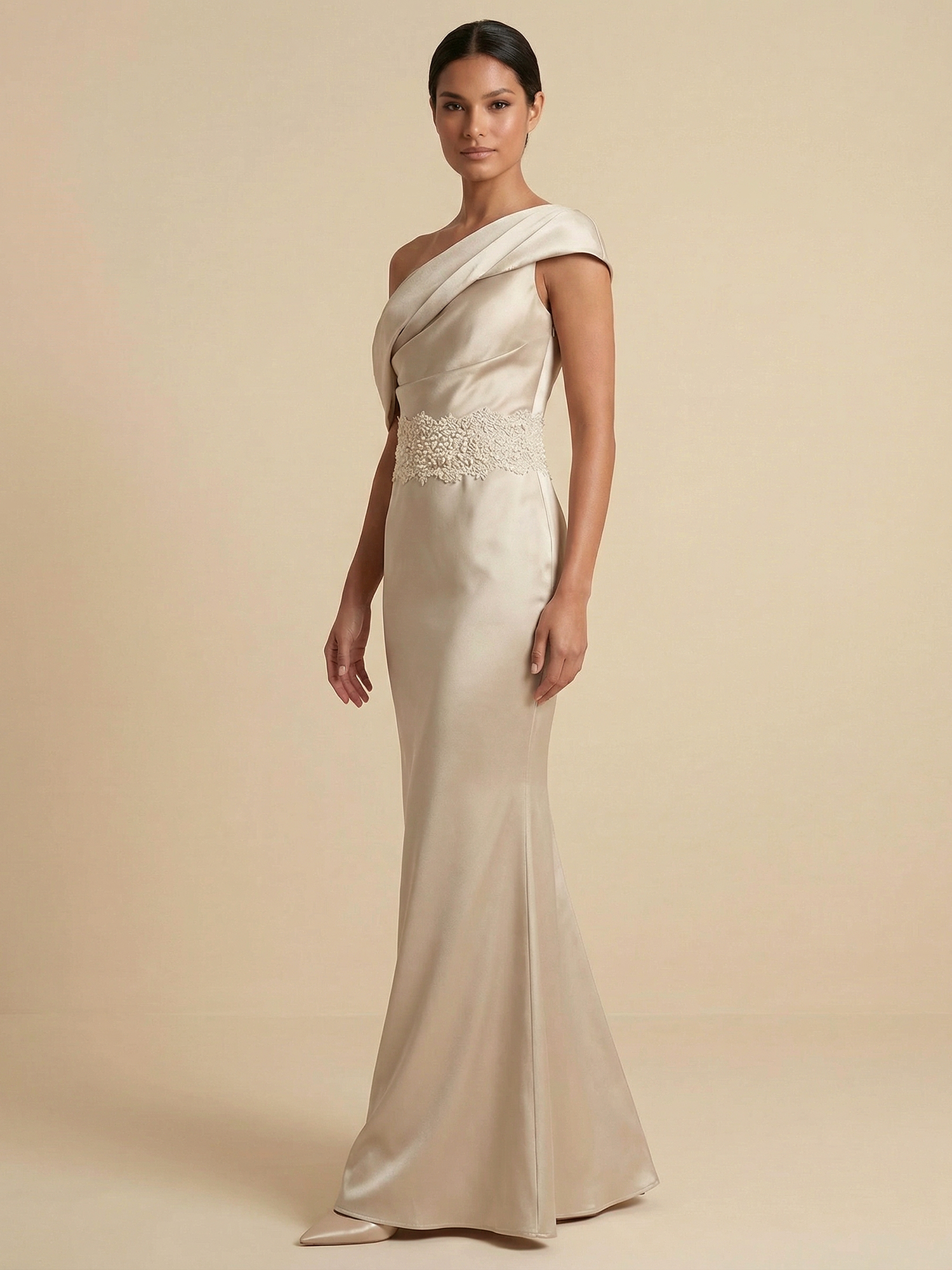 Champagne Satin One-Shoulder Mermaid Gown with Beaded Waist