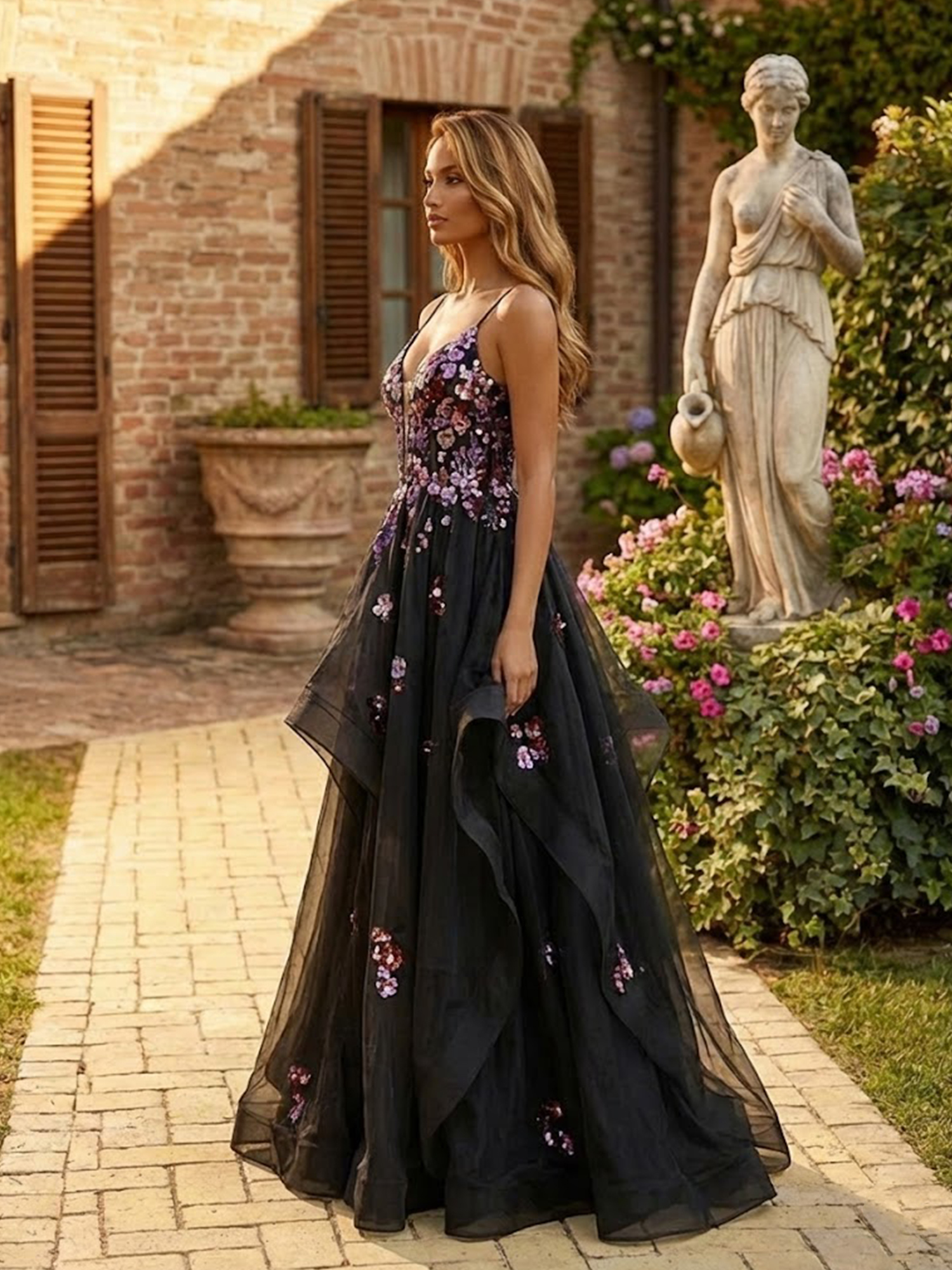 3D Flower Prom Dresses for Teens Spaghetti Straps V Neck Wedding Guest Dress