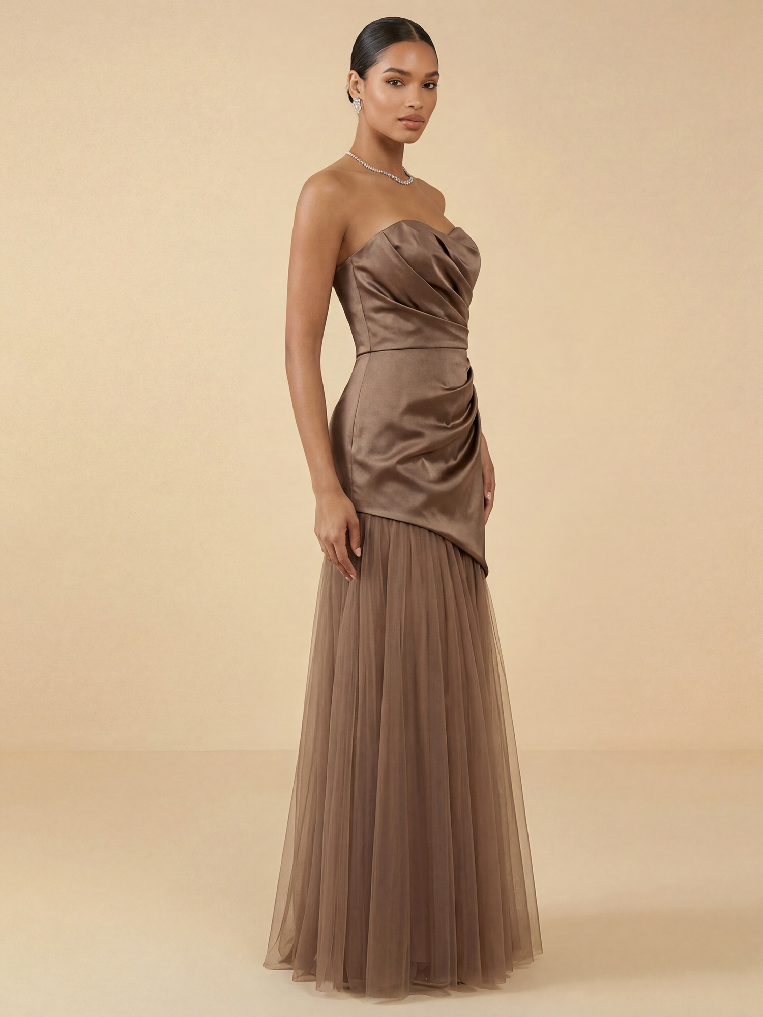 Taupe Satin Strapless Mermaid Gown with Tulle Skirt