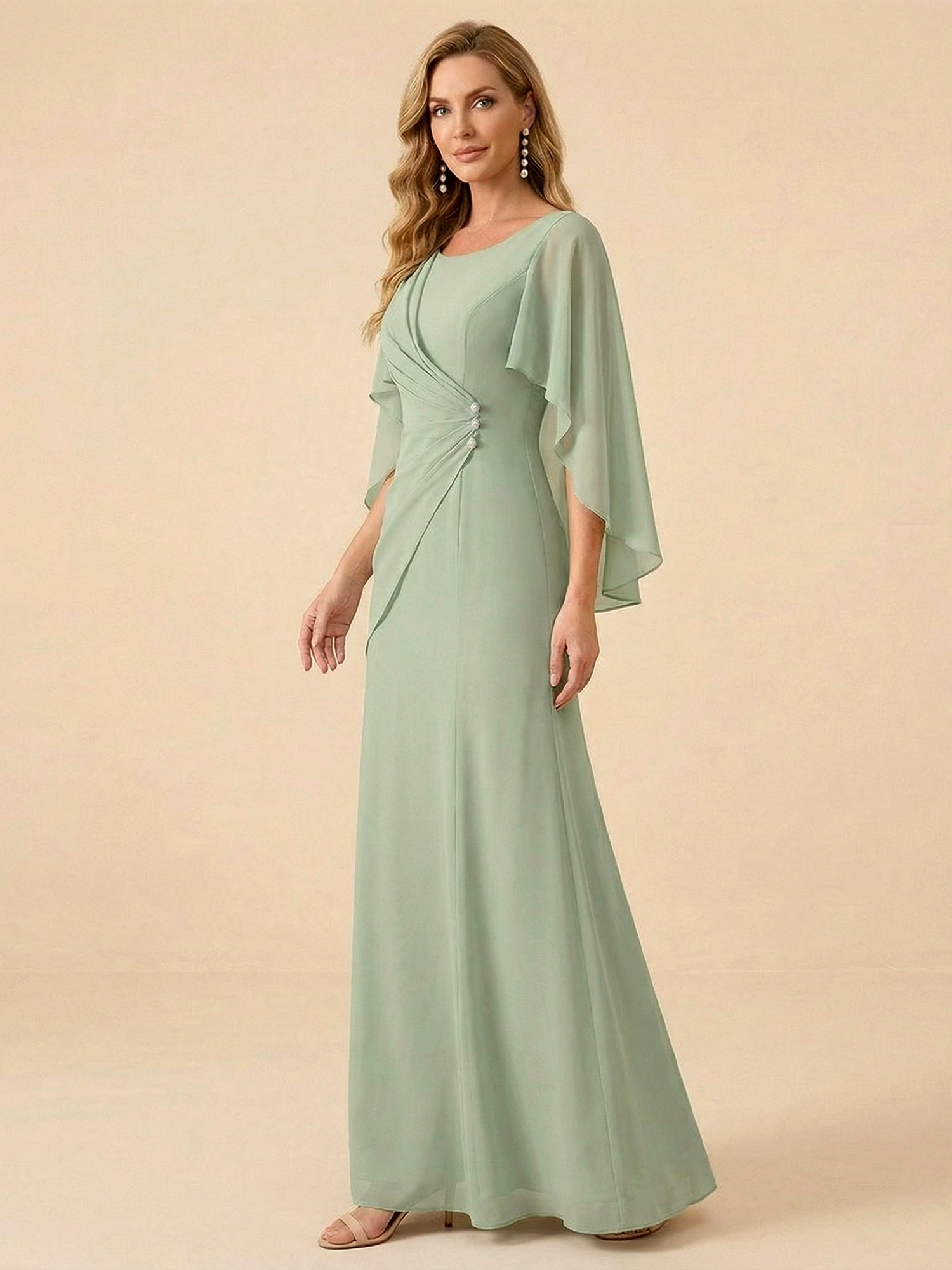 Sage Green Chiffon Cape Sleeve Mother of the Bride Gown