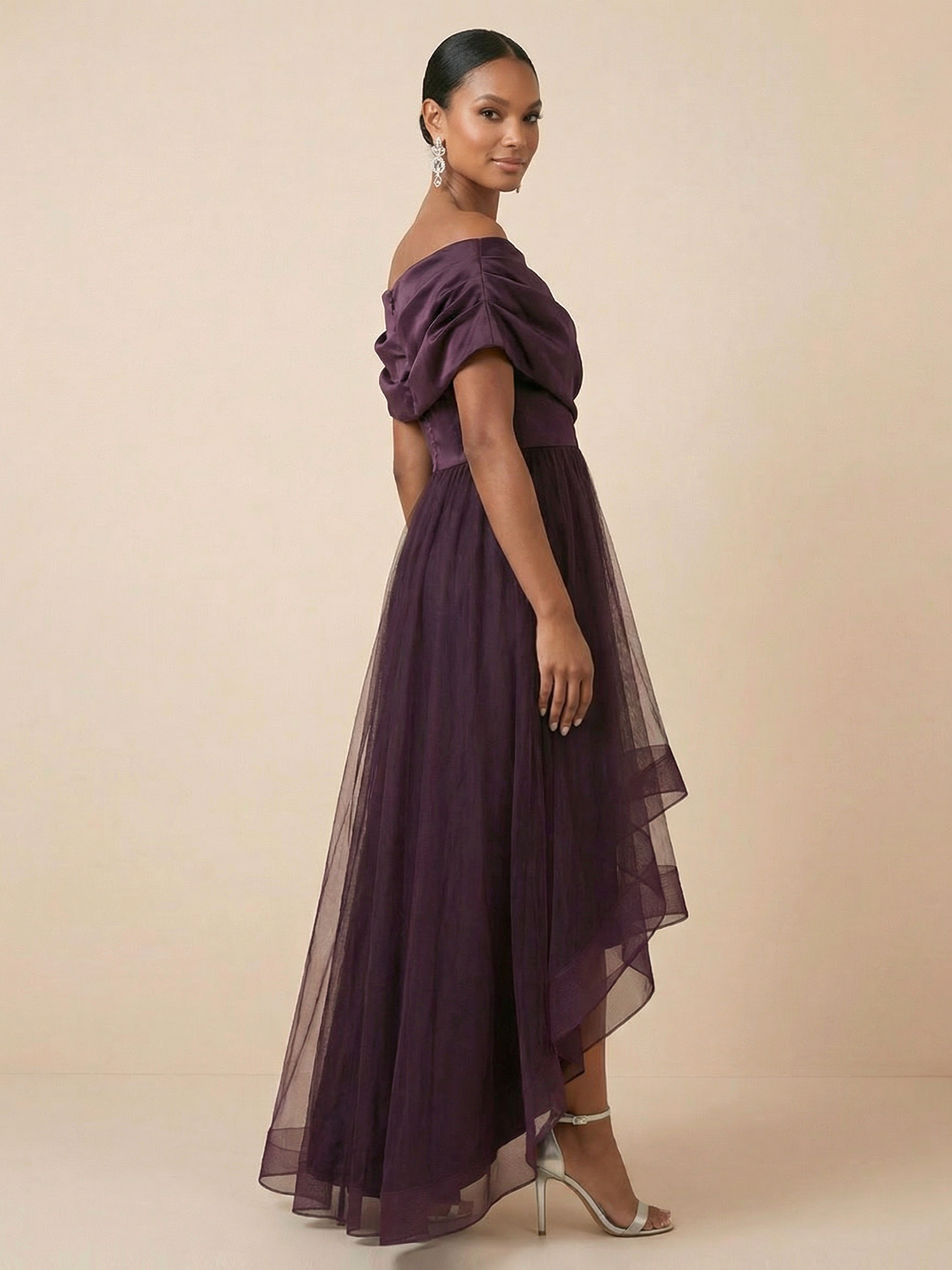 Plum Off-the-Shoulder Satin & Tulle High-Low A-Line Gown