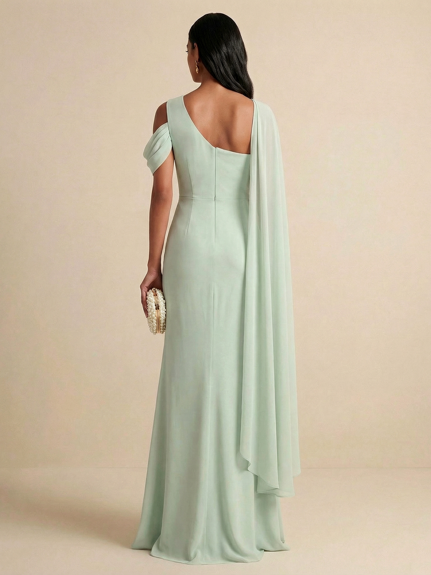 Sage Green Asymmetrical Cape Sleeve Chiffon Sheath Gown