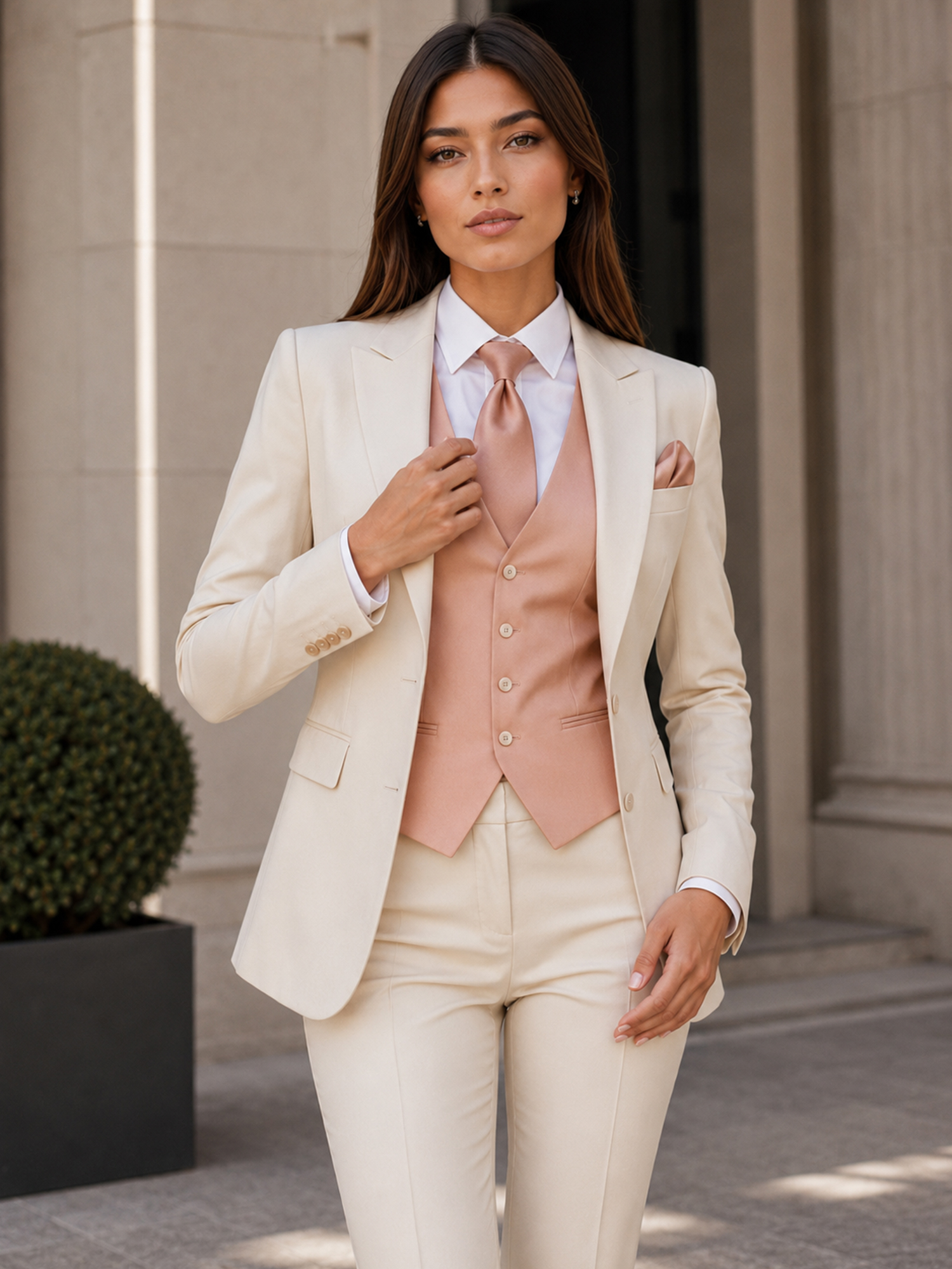 Ivory Slim‑fit Blazer And Trousers 3‑Piece Suit With Contrast Waistcoat