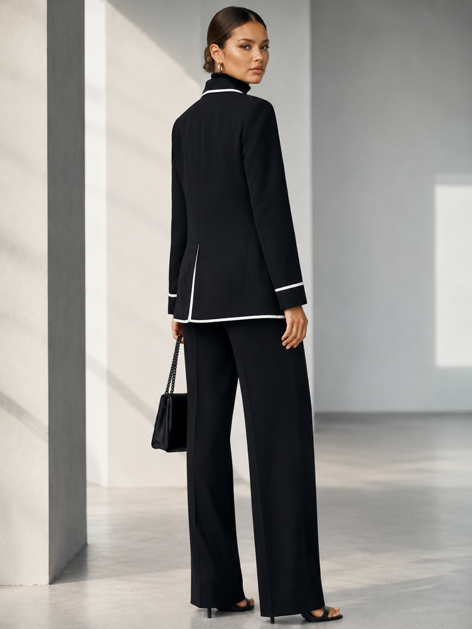 Black Slim‑fit Blazer And Wide‑leg Pants 2‑Piece Suit