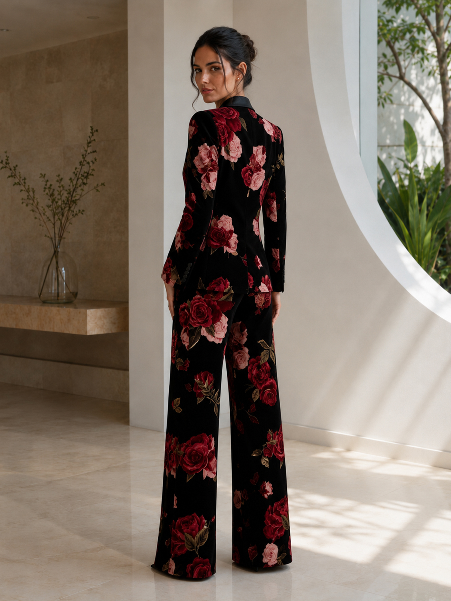 Black Velvet Rose‑print Blazer And Wide‑leg Pants 2‑Piece Suit
