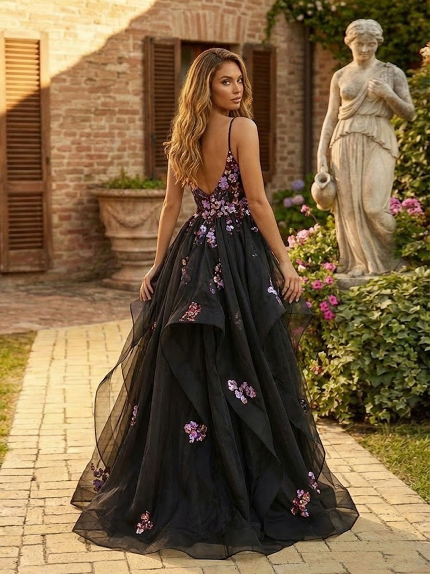 3D Flower Prom Dresses for Teens Spaghetti Straps V Neck Wedding Guest Dress
