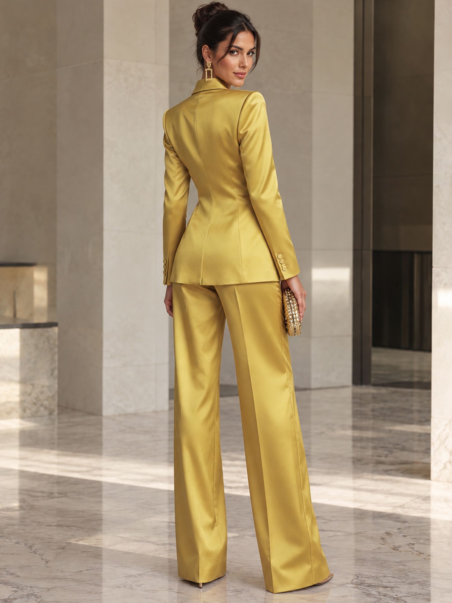 Gold Satin Rhinestone‑Trim Blazer And Wide‑leg Pants 2‑Piece Suit