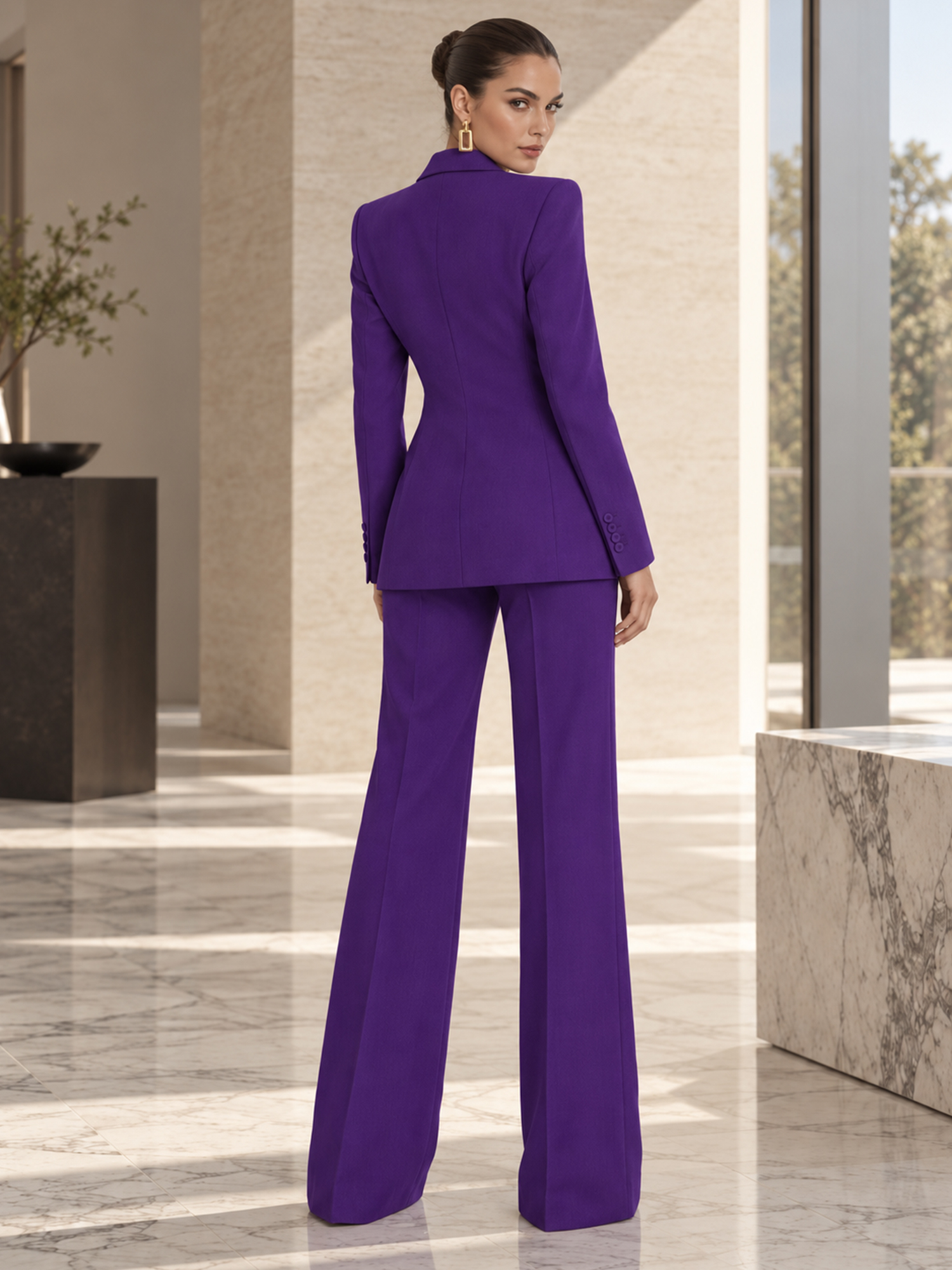 Purple Solid‑color Single‑button Blazer And Wide‑leg Pants 2‑Piece Suit
