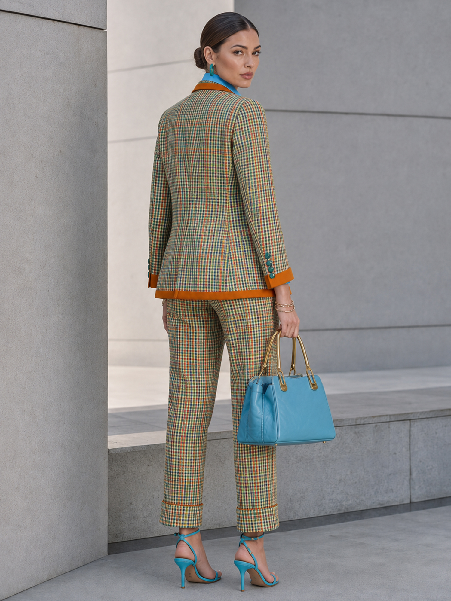 Colorful Plaid Contrast‑Trim Blazer And Cropped Cuffed Pants 2‑Piece Suit