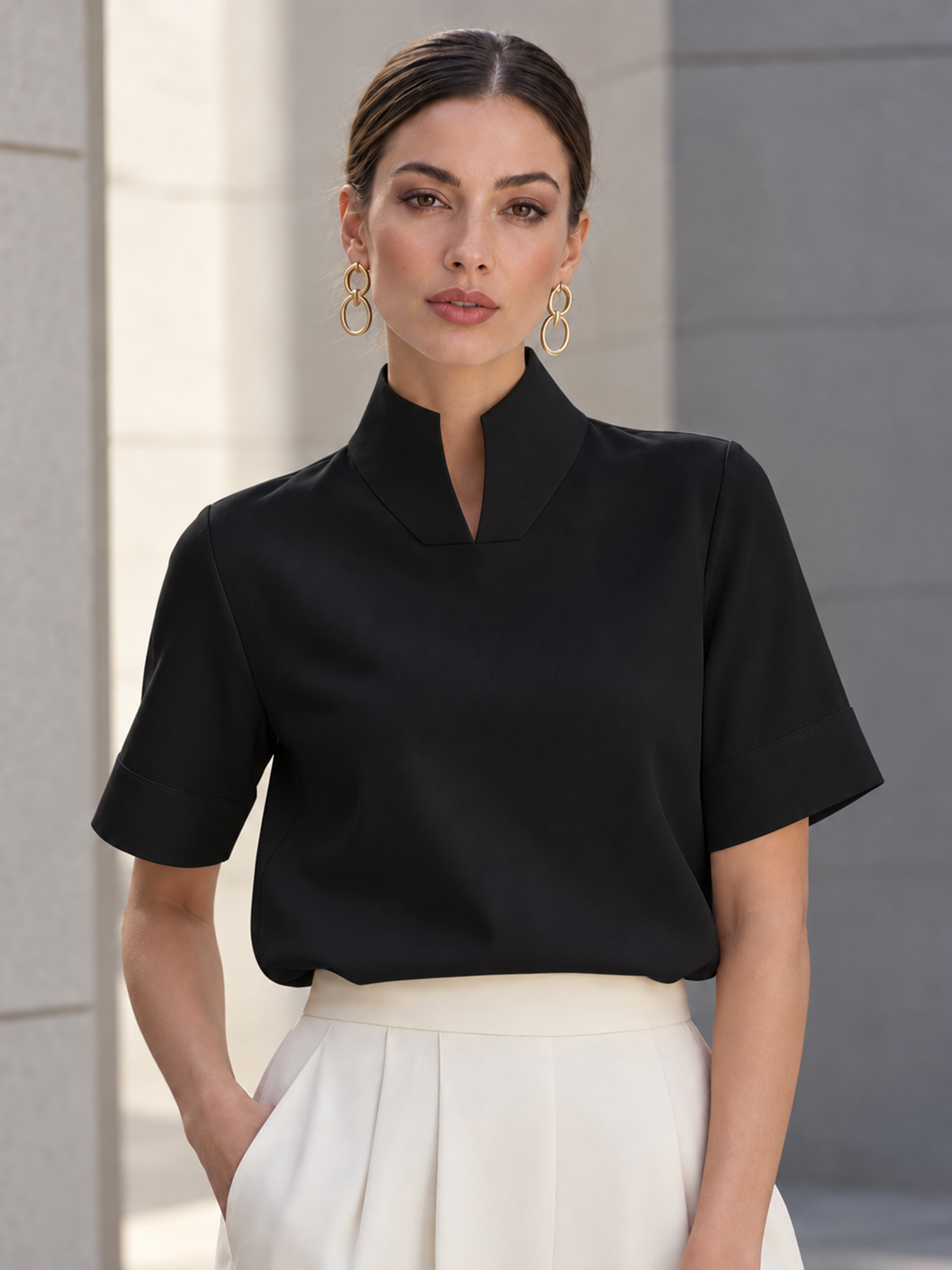 Stand‑Collar Split V Neck Short Sleeve Blouse French Minimalist Work Top for Women