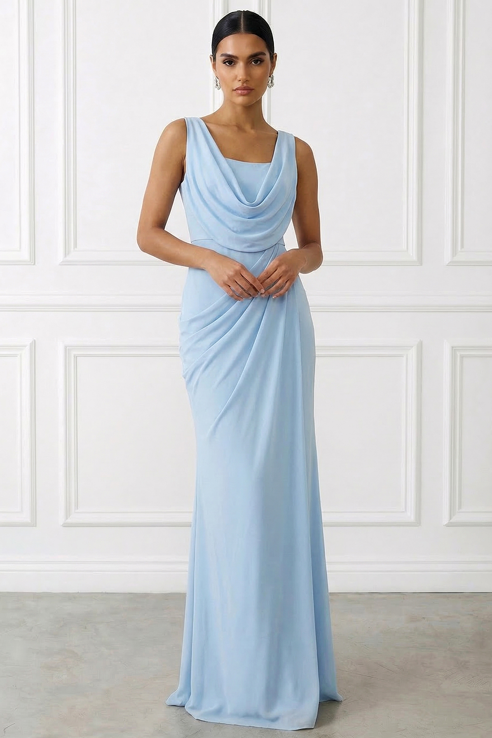 Sky Blue Formal ​Wedding Bridesmaid Dress Cowl Neck Chiffon Maxi Dress