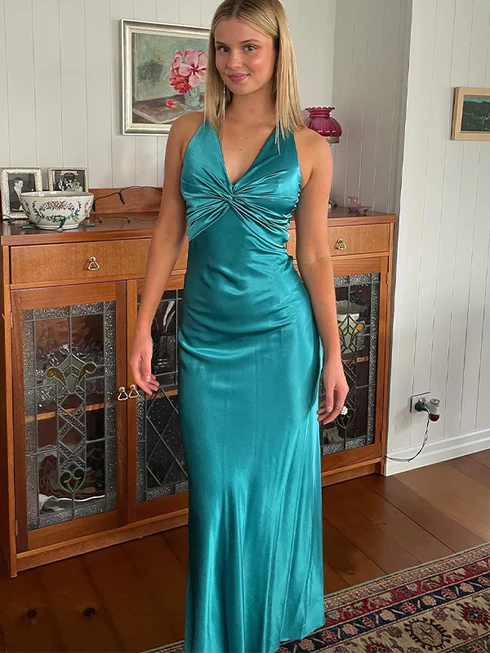 Aqua V Neck Mermaid Satin Ankle Prom Dress 