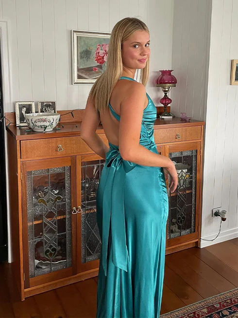Aqua V Neck Mermaid Satin Ankle Prom Dress 