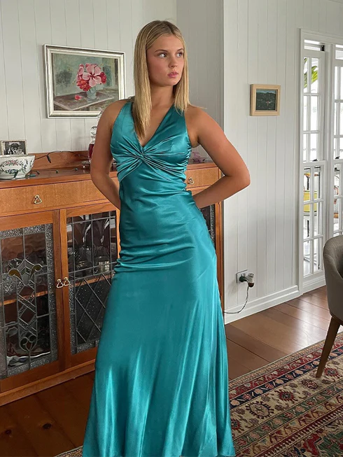 Aqua V Neck Mermaid Satin Ankle Prom Dress 