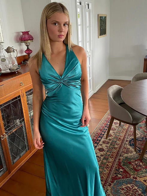 Aqua V Neck Mermaid Satin Ankle Prom Dress 