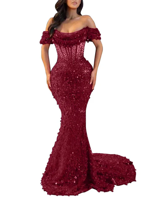 Red Sparky Sequins Off the Shoulder Mermaid Prom Dress 