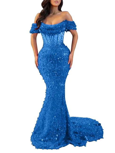 Red Sparky Sequins Off the Shoulder Mermaid Prom Dress 