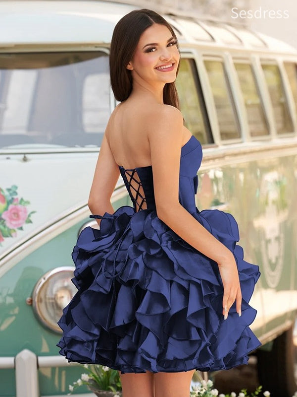 Elegant Navy Blue Bow Tie Strapless Satin A-line Short Mini Dress Homecoming Dress