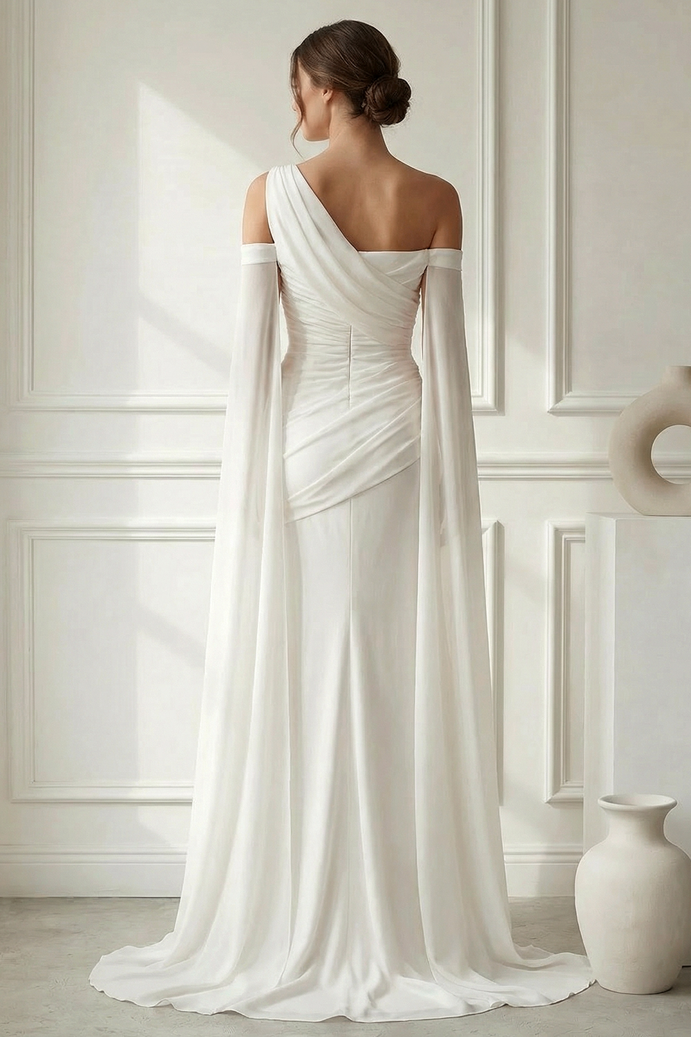 White Mermaid Evening Gown with One-Shoulder Cape Sleeves and Ruched Bodice