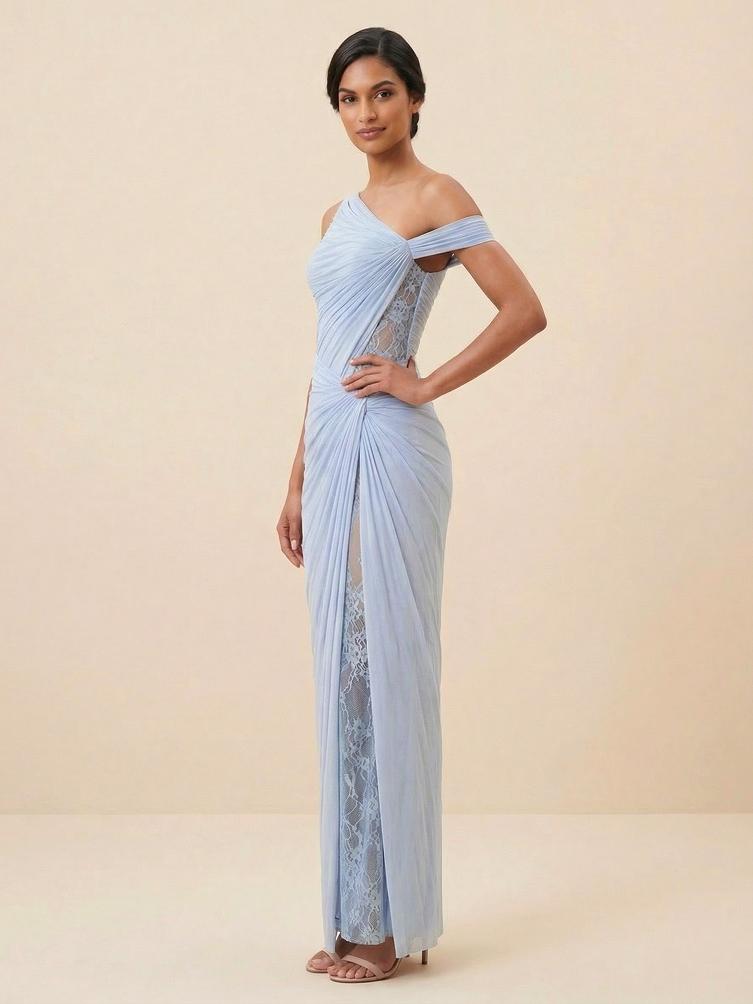 Dusty Blue One-Shoulder Ruched Mesh Gown with Lace Slit