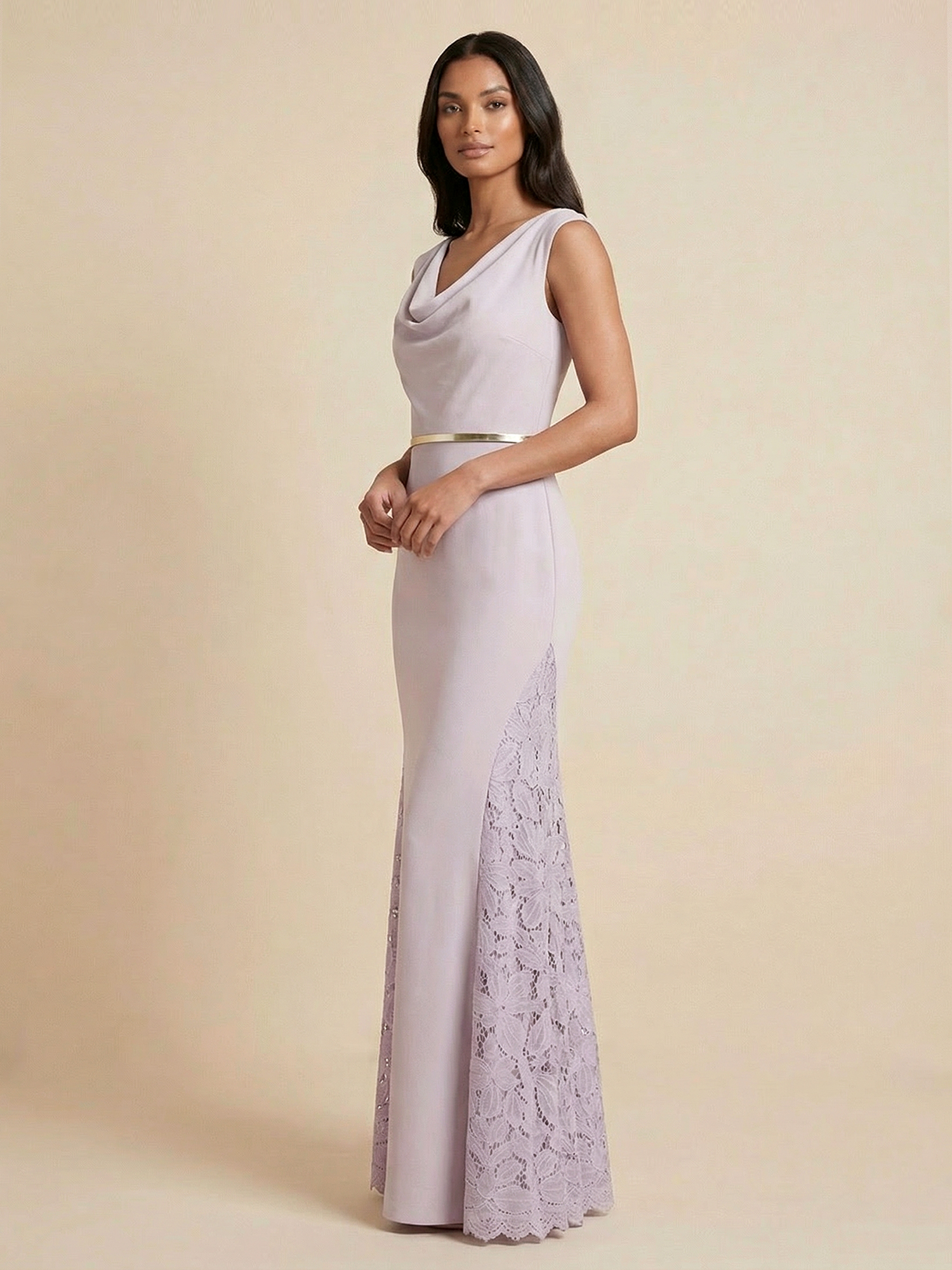 Lavender Cowl Neck Mermaid Gown with Lace Side Panels