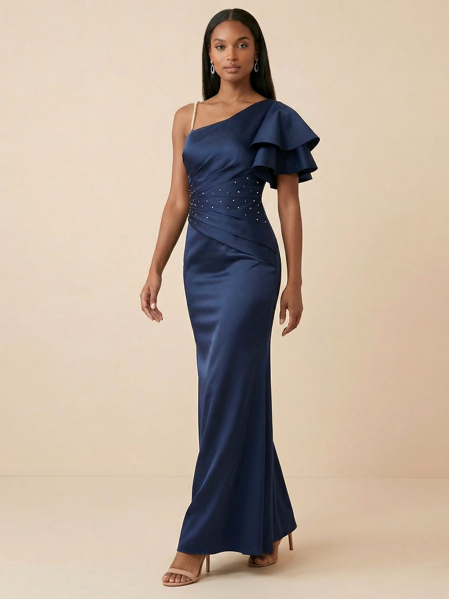 Navy One-Shoulder Satin Mermaid Gown with Pearl Strap & Beaded Waist