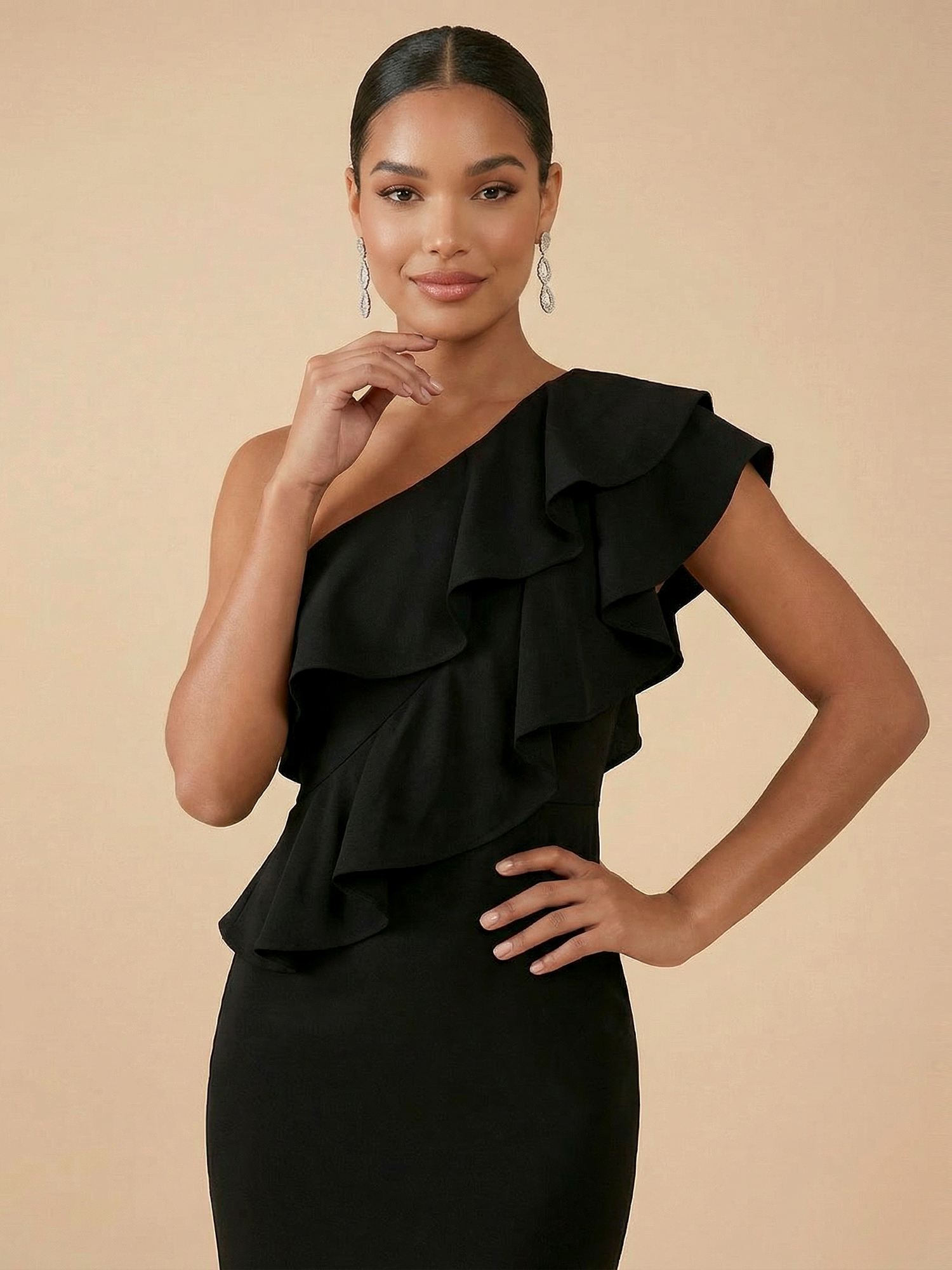 Black One-Shoulder Ruffle Mermaid Gown