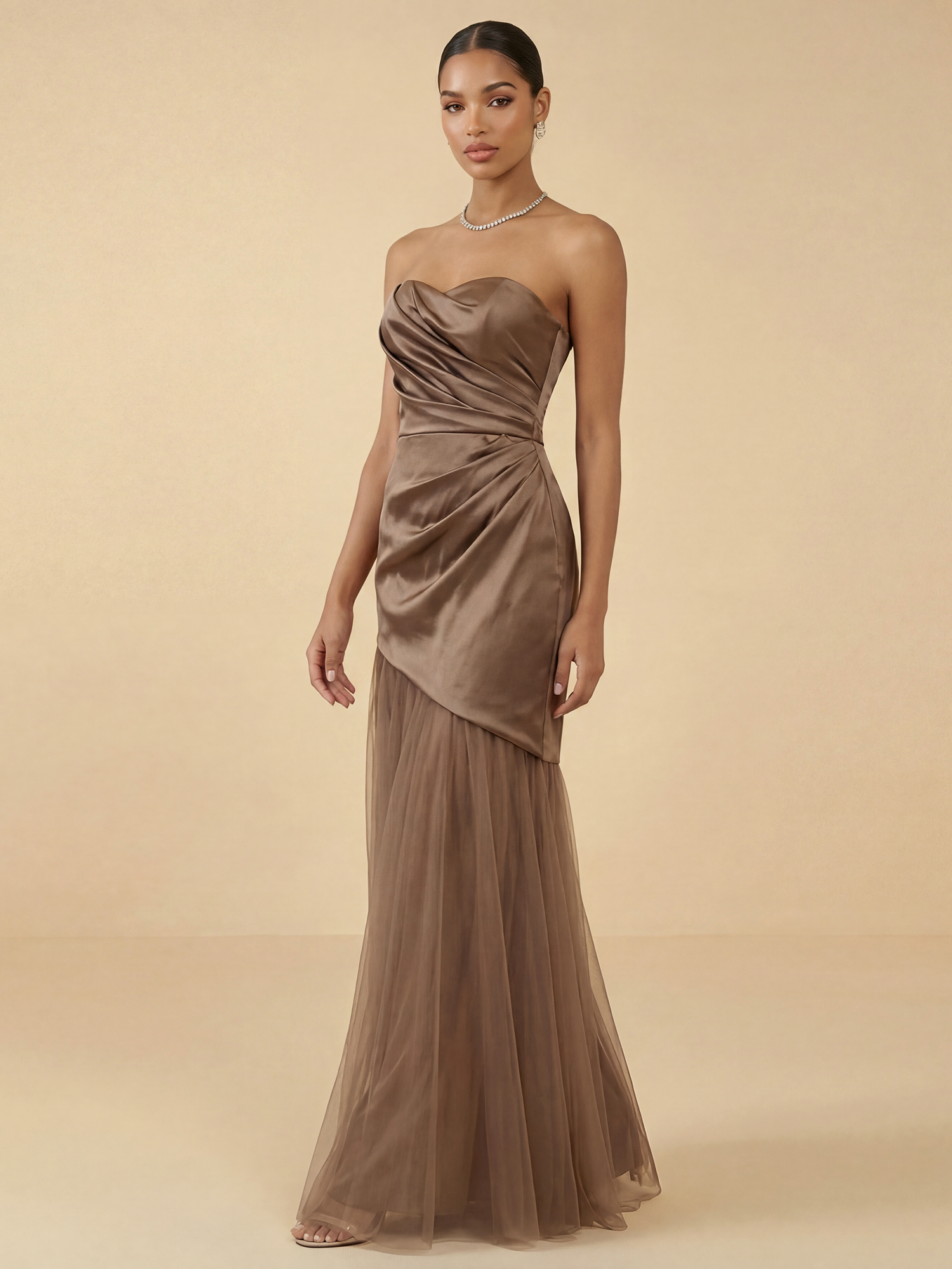 Taupe Satin Strapless Mermaid Gown with Tulle Skirt