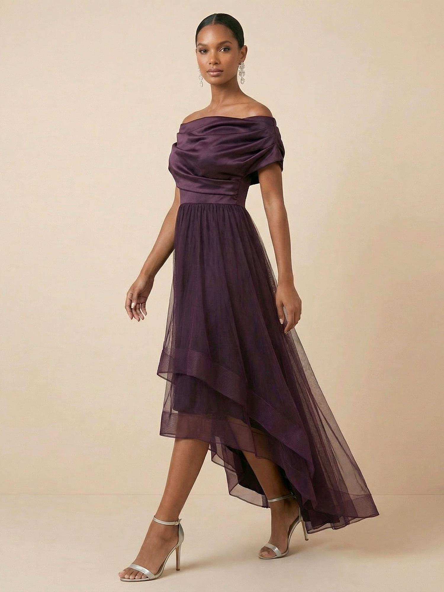 Plum Off-the-Shoulder Satin & Tulle High-Low A-Line Gown