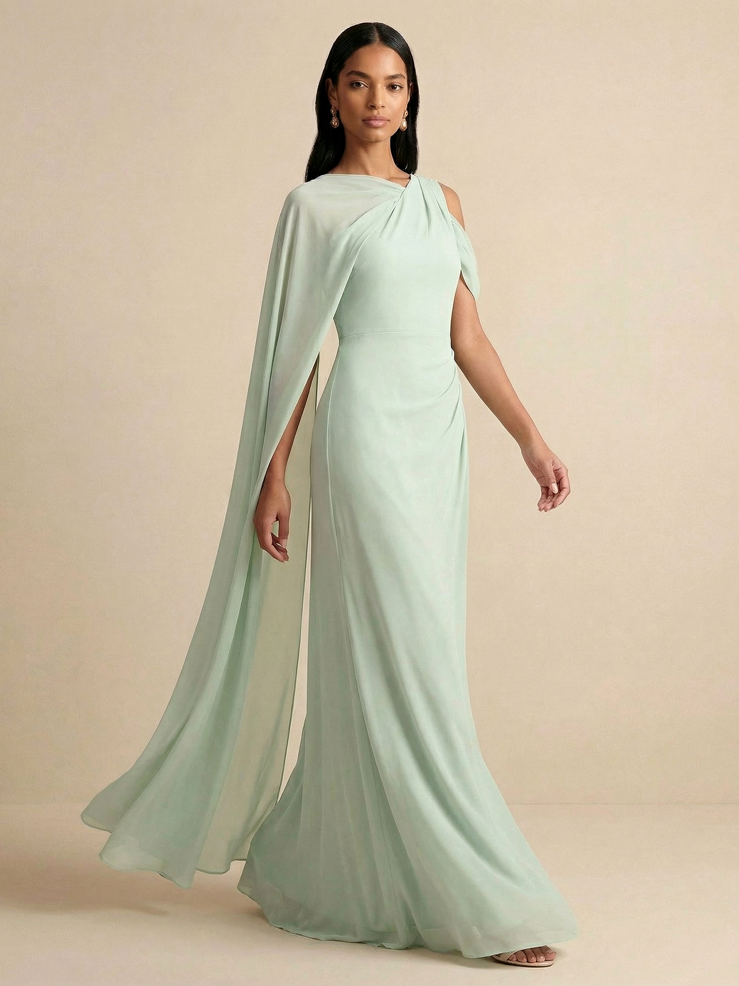Sage Green Asymmetrical Cape Sleeve Chiffon Sheath Gown