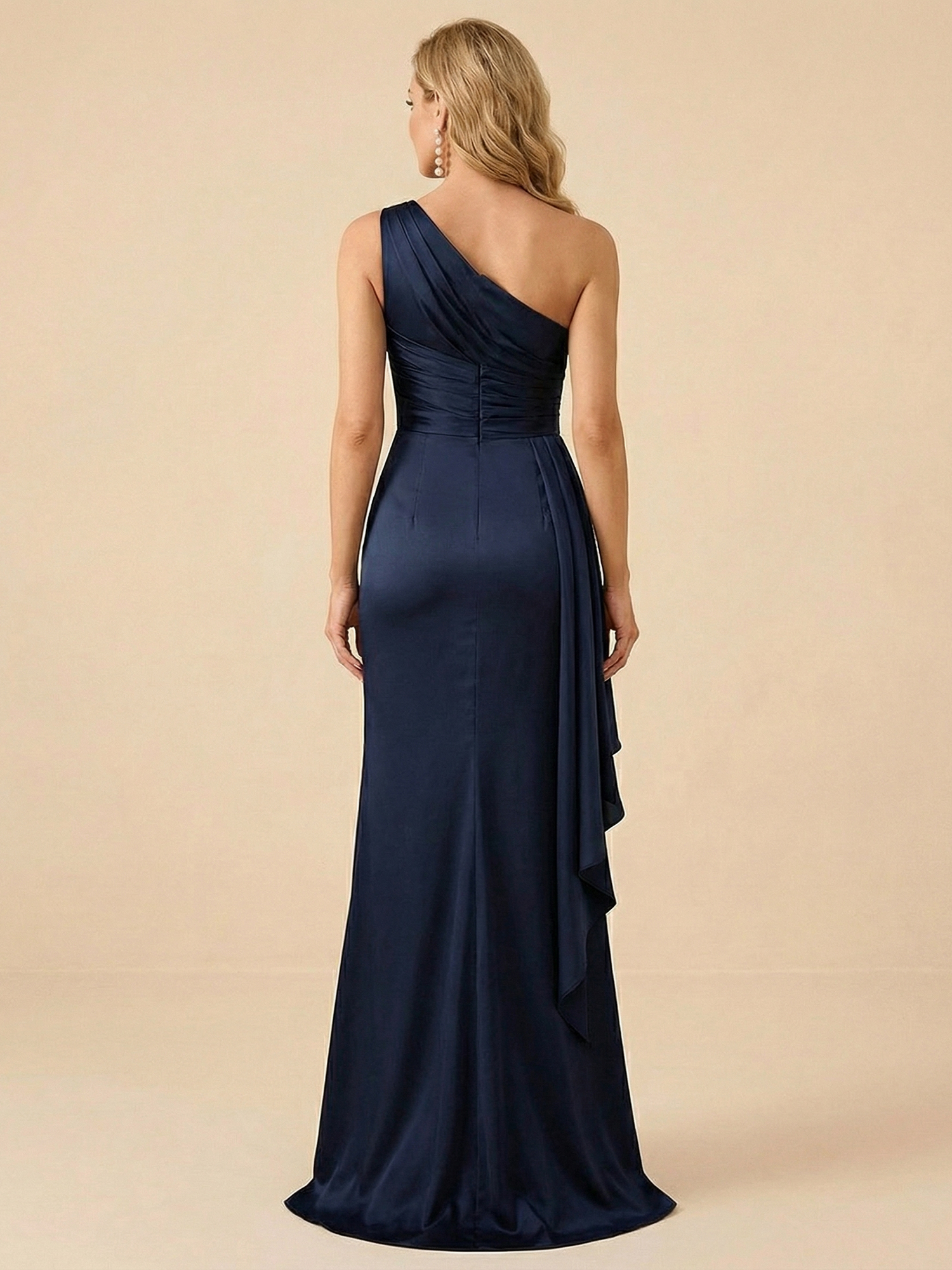 Navy Blue Satin One-Shoulder Mermaid Gown with Ruffle Slit