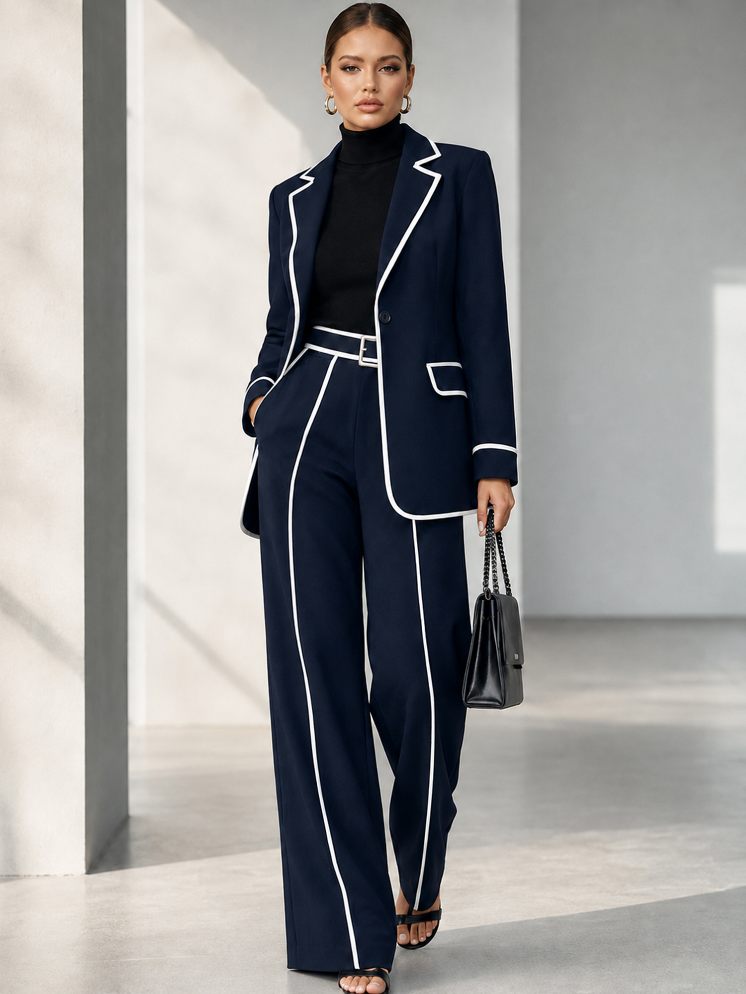 Black Slim‑fit Blazer And Wide‑leg Pants 2‑Piece Suit