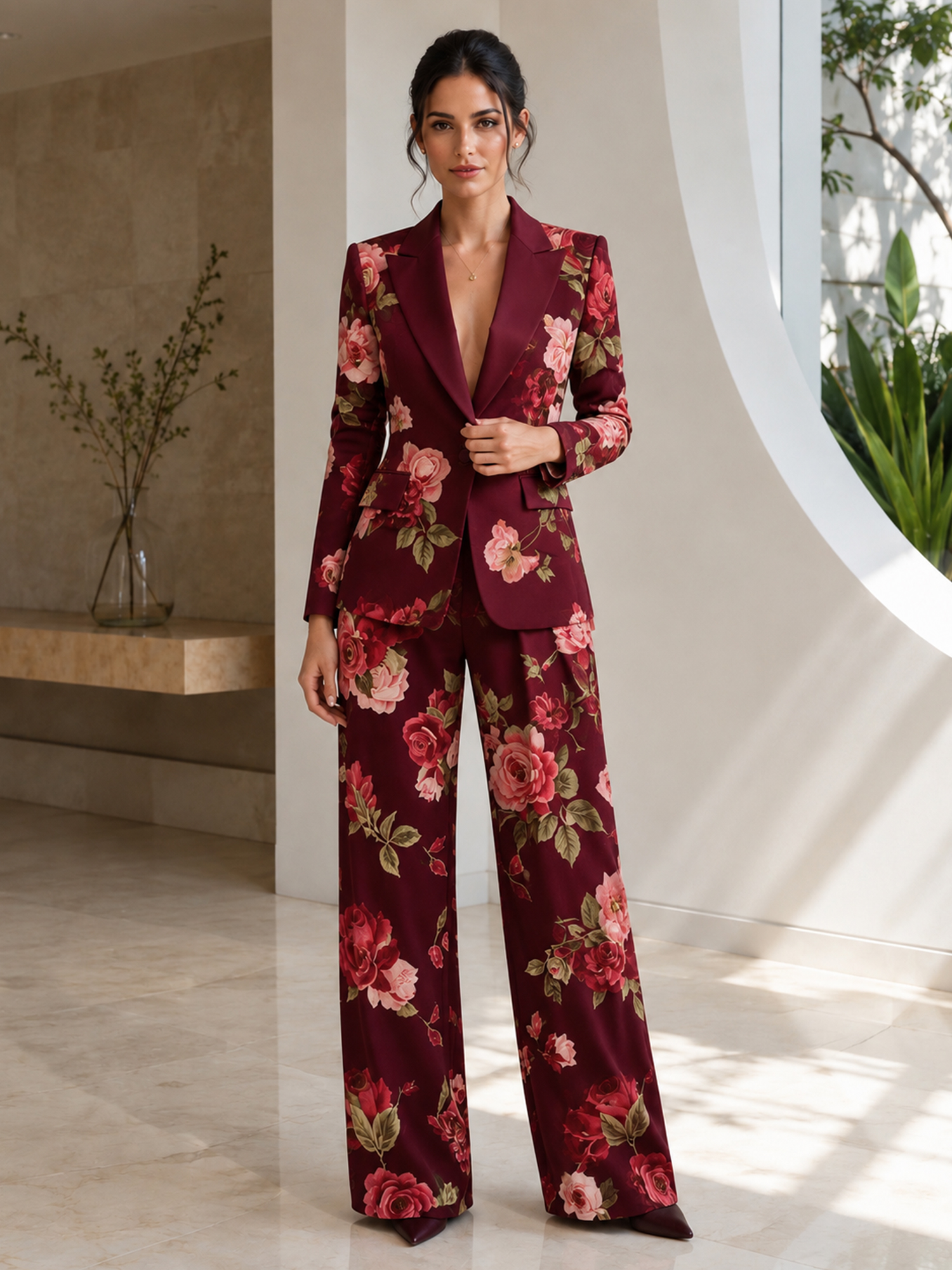 Black Velvet Rose‑print Blazer And Wide‑leg Pants 2‑Piece Suit