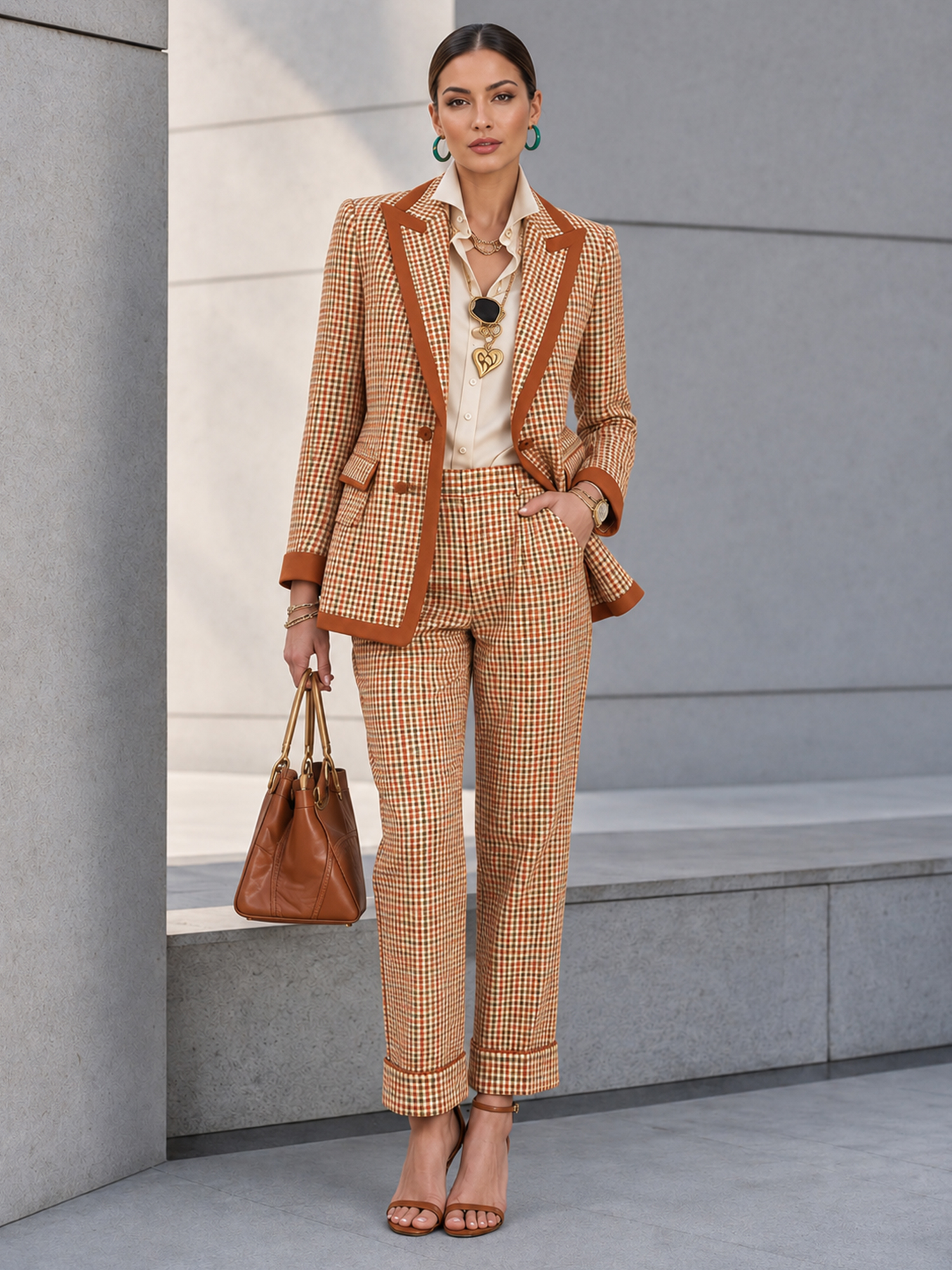 Colorful Plaid Contrast‑Trim Blazer And Cropped Cuffed Pants 2‑Piece Suit