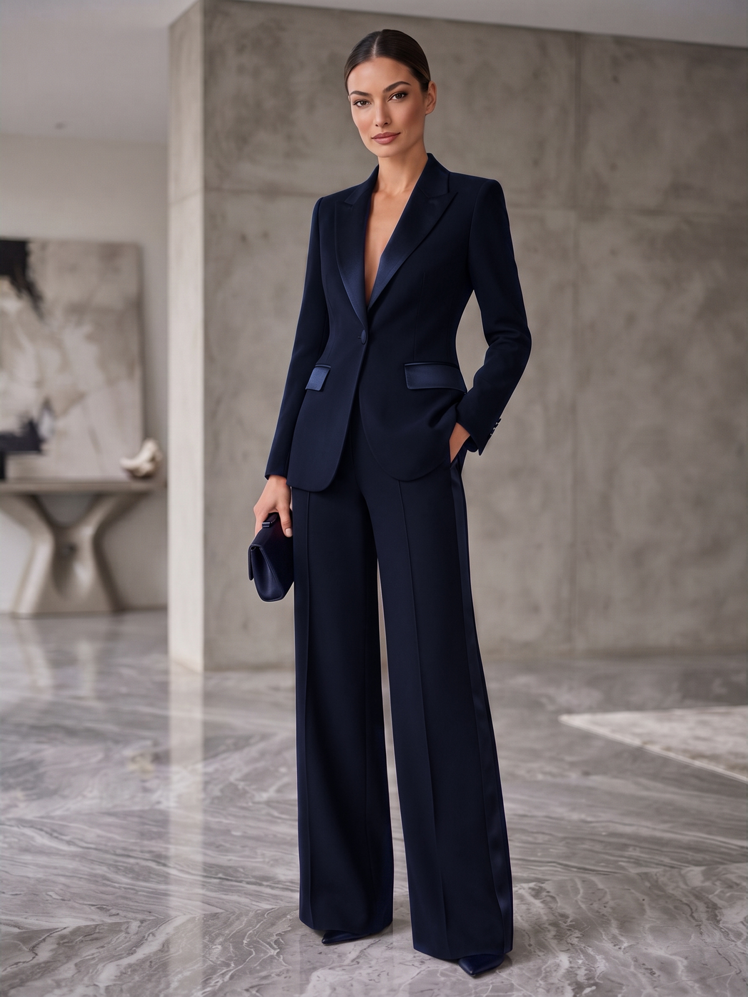 Deep Purple Satin Lapel Single‑Button Blazer & Side‑Stripe Wide‑Leg Pants 2‑Piece Suit