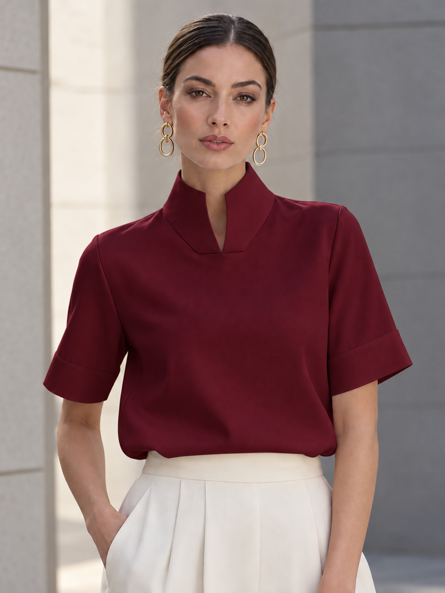 Stand‑Collar Split V Neck Short Sleeve Blouse French Minimalist Work Top for Women