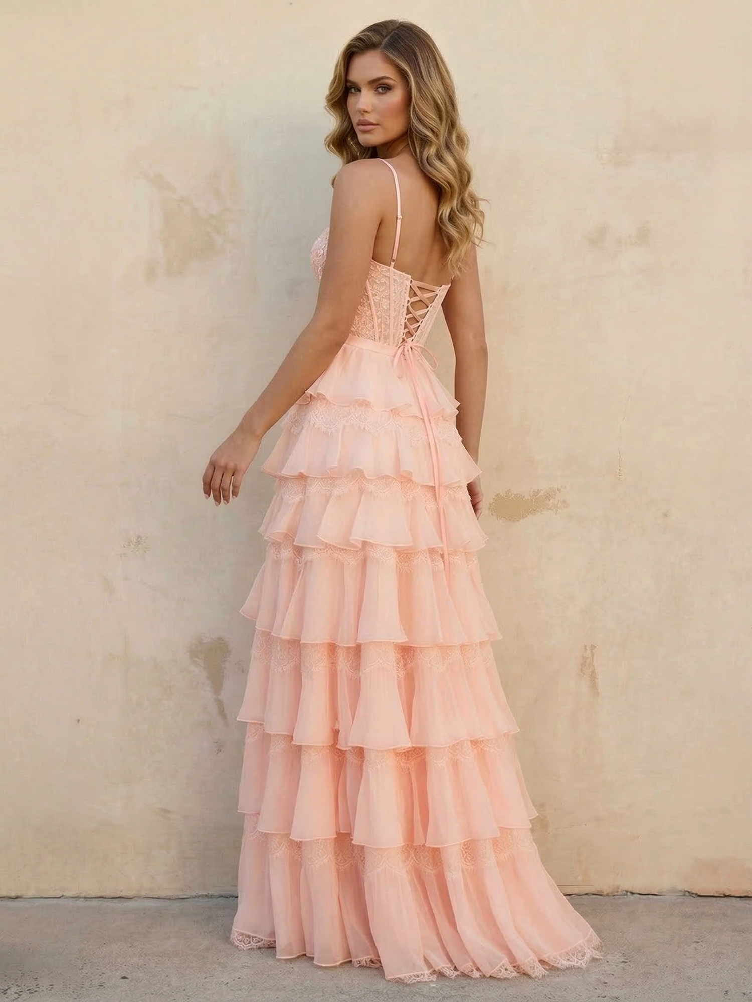 Pink A Line Tiered Applique Chiffon Prom Gowns with Slit